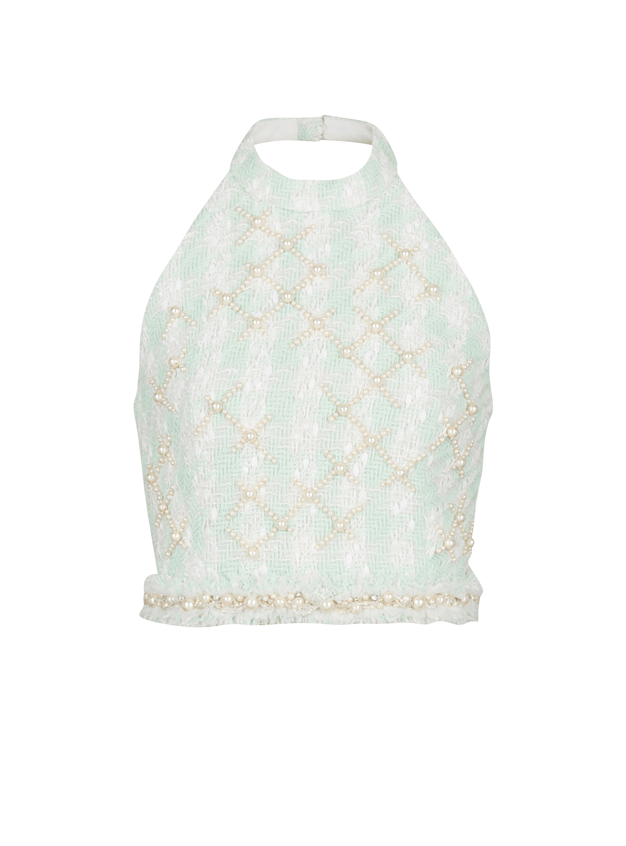 BALMAIN WOMEN'S HALTERNECK EMBROIDERED TWEED CROP TOP NWT