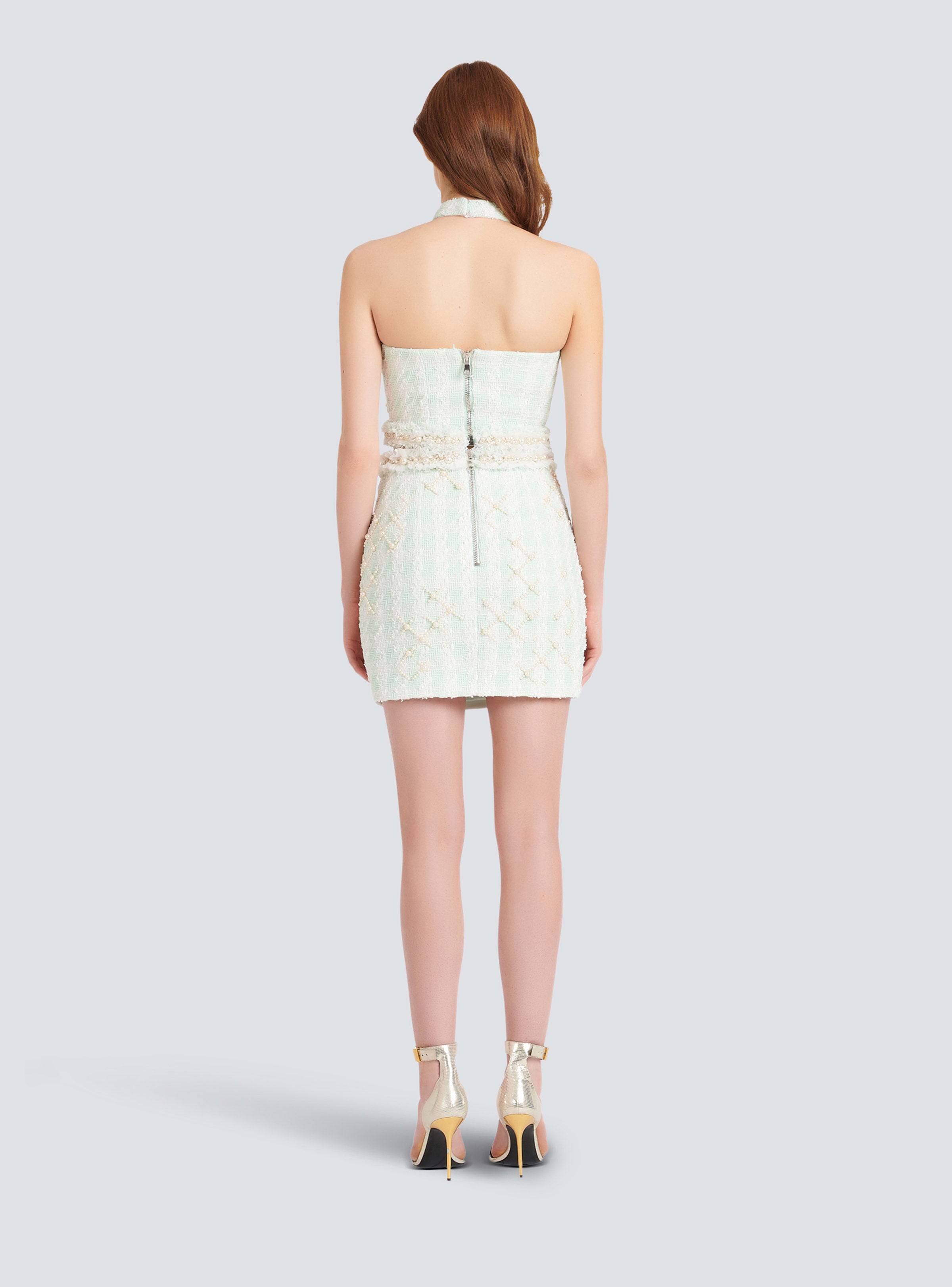 BALMAIN WOMEN'S HALTERNECK EMBROIDERED TWEED CROP TOP NWT