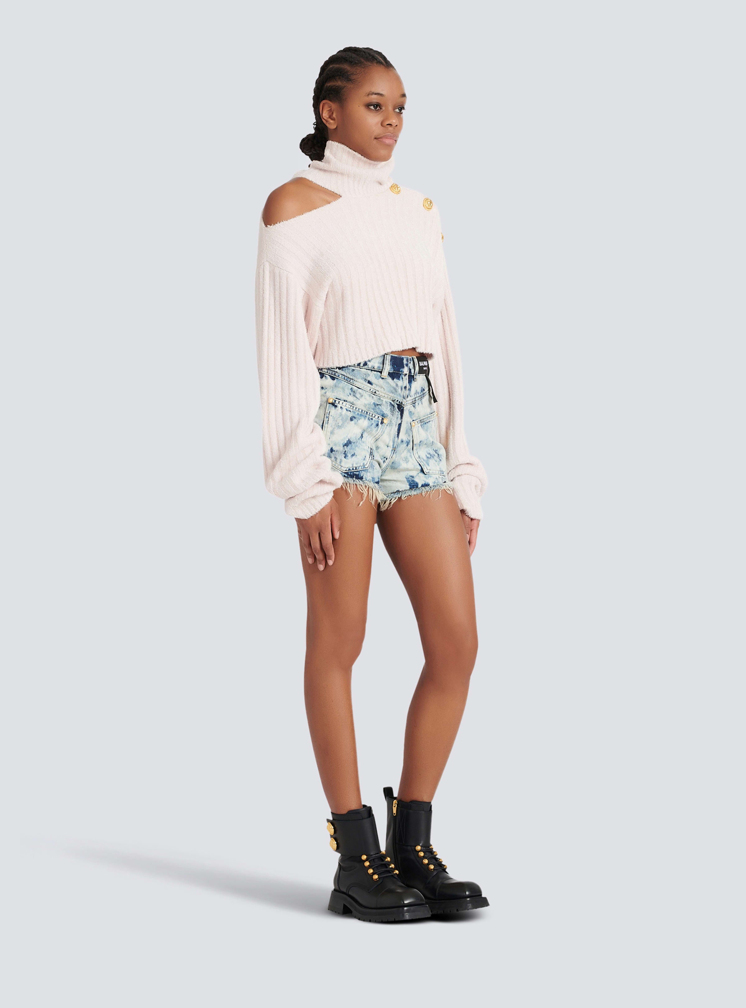 BALMAIN WOMEN'S HIGH COLLAR RIBBED VELVET CROP PULLOVER NWT