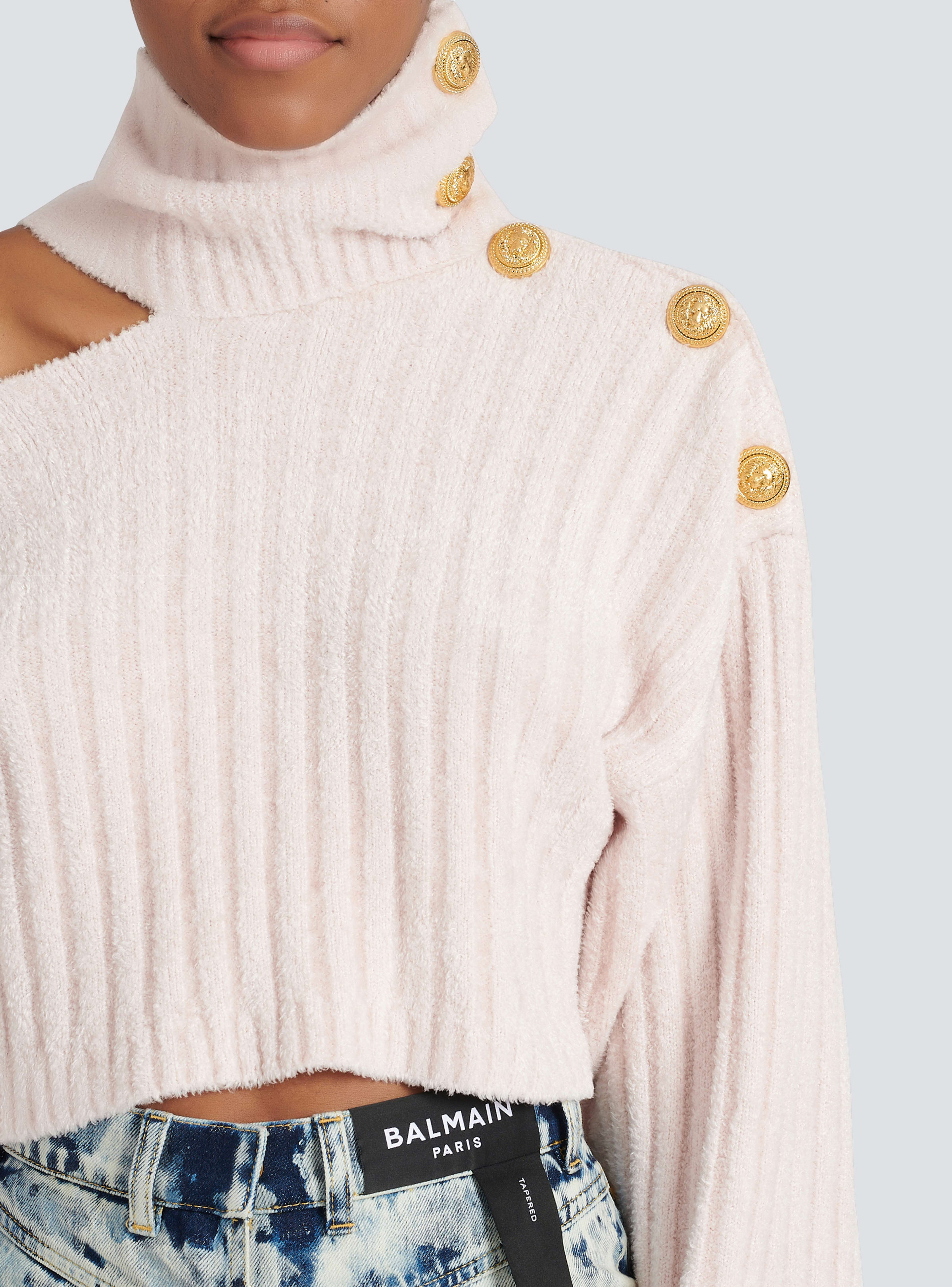 BALMAIN WOMEN'S HIGH COLLAR RIBBED VELVET CROP PULLOVER NWT