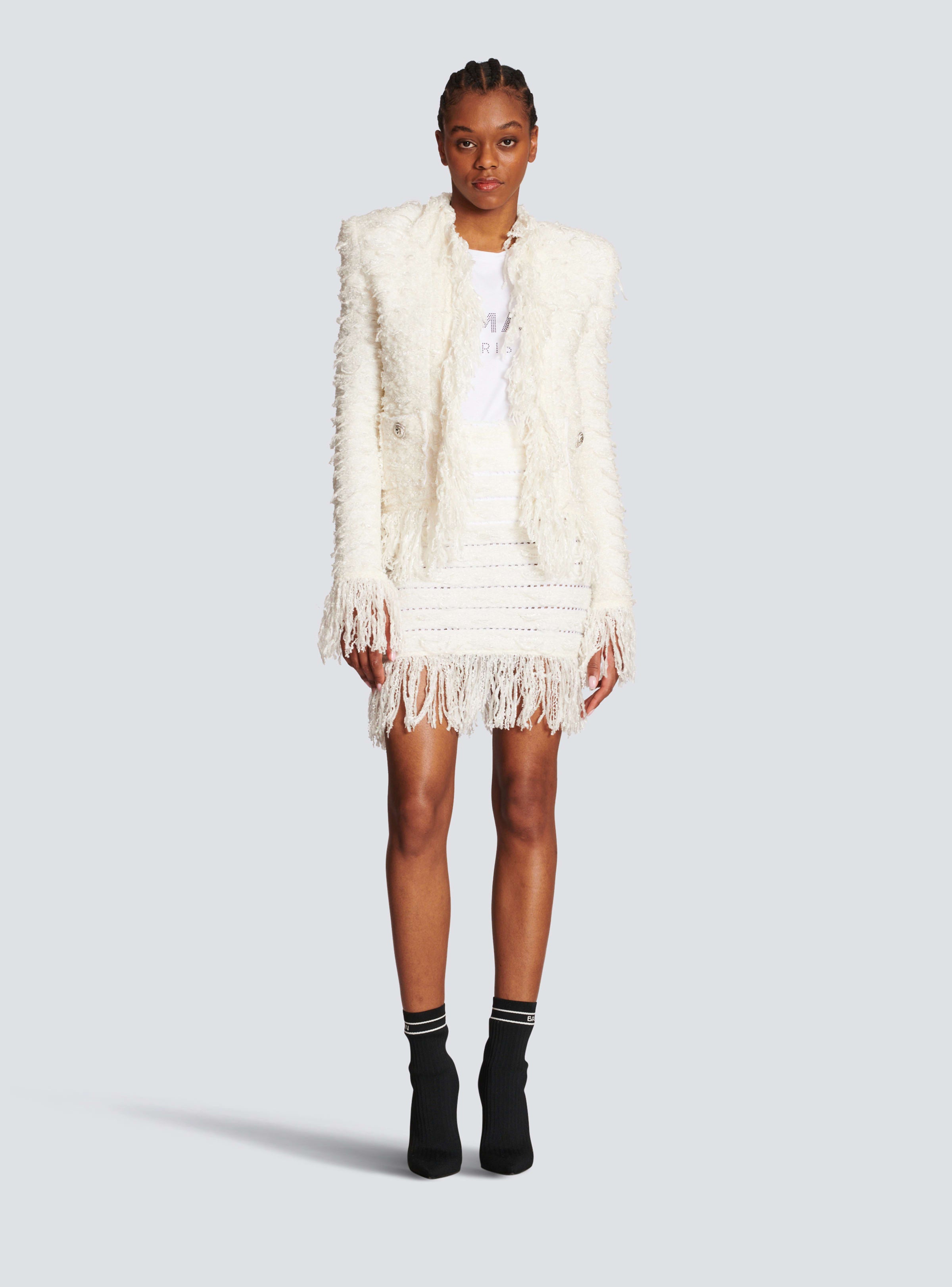 BALMAIN WOMEN'S 2 BTN IRIDESCENT FRINGED TWEED SKIRT NWT
