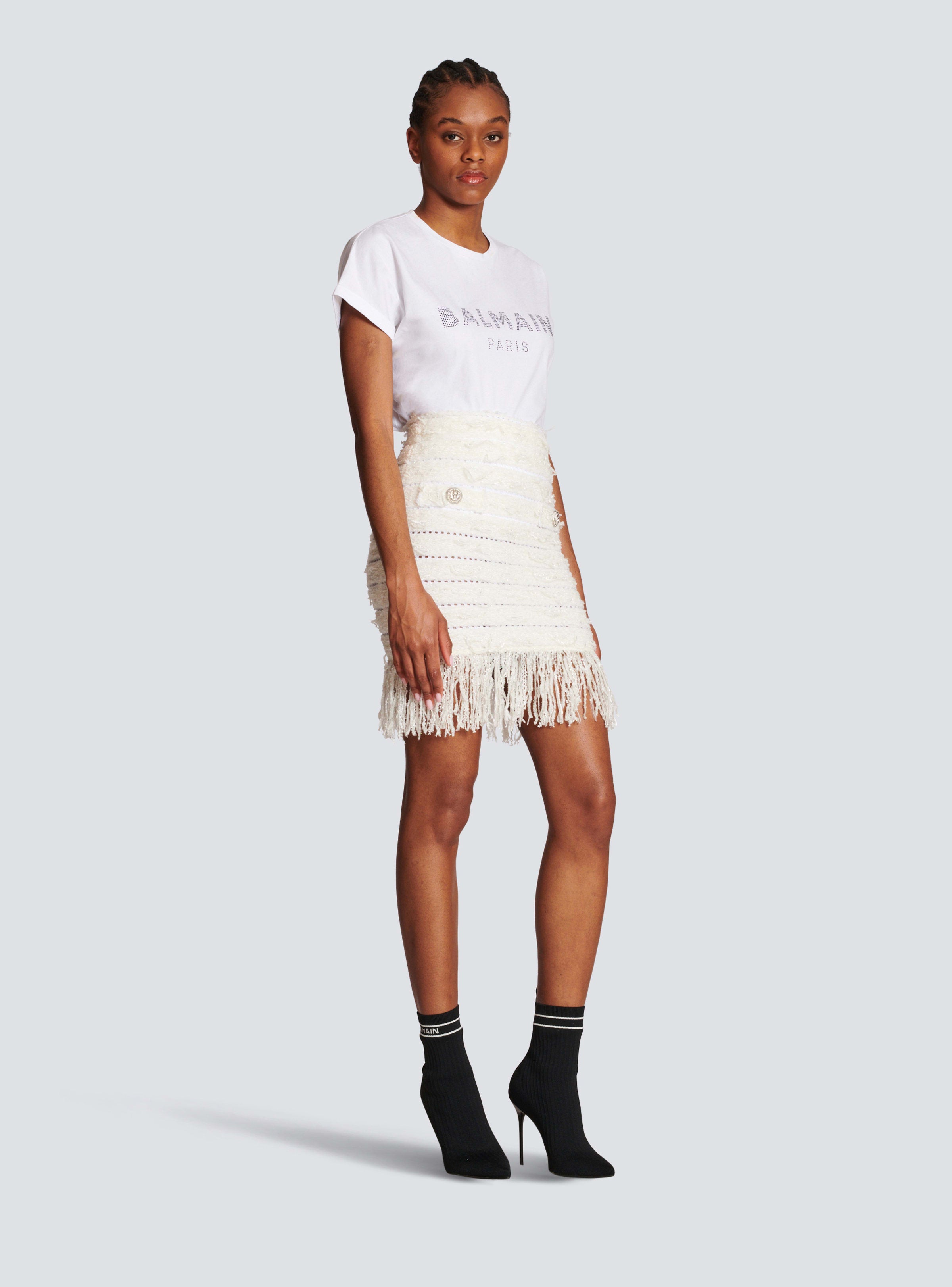 BALMAIN WOMEN'S 2 BTN IRIDESCENT FRINGED TWEED SKIRT NWT