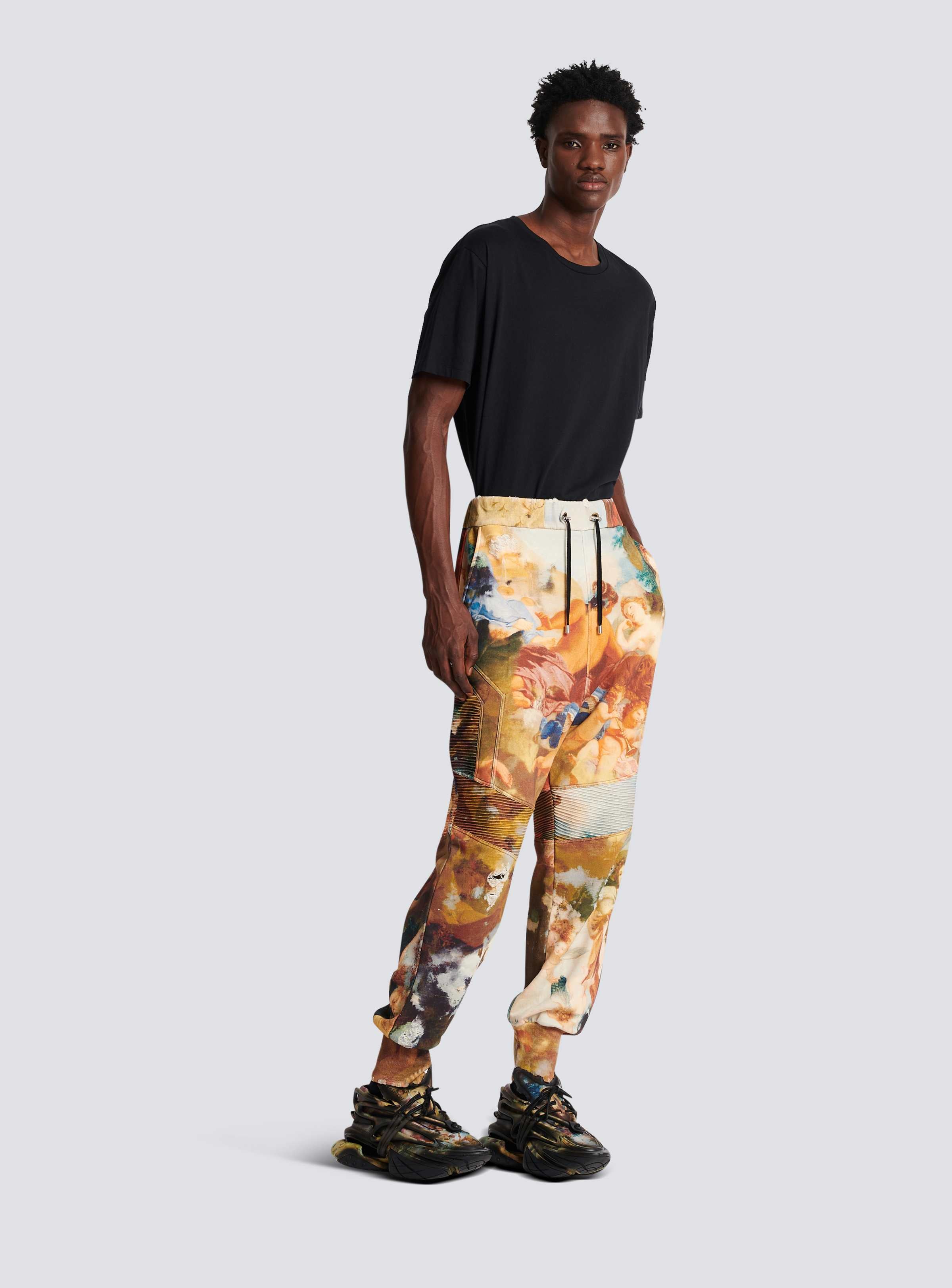 BALMAIN MEN'S SKY PRINTED RIBBED HAREM SWEATPANTS NWT