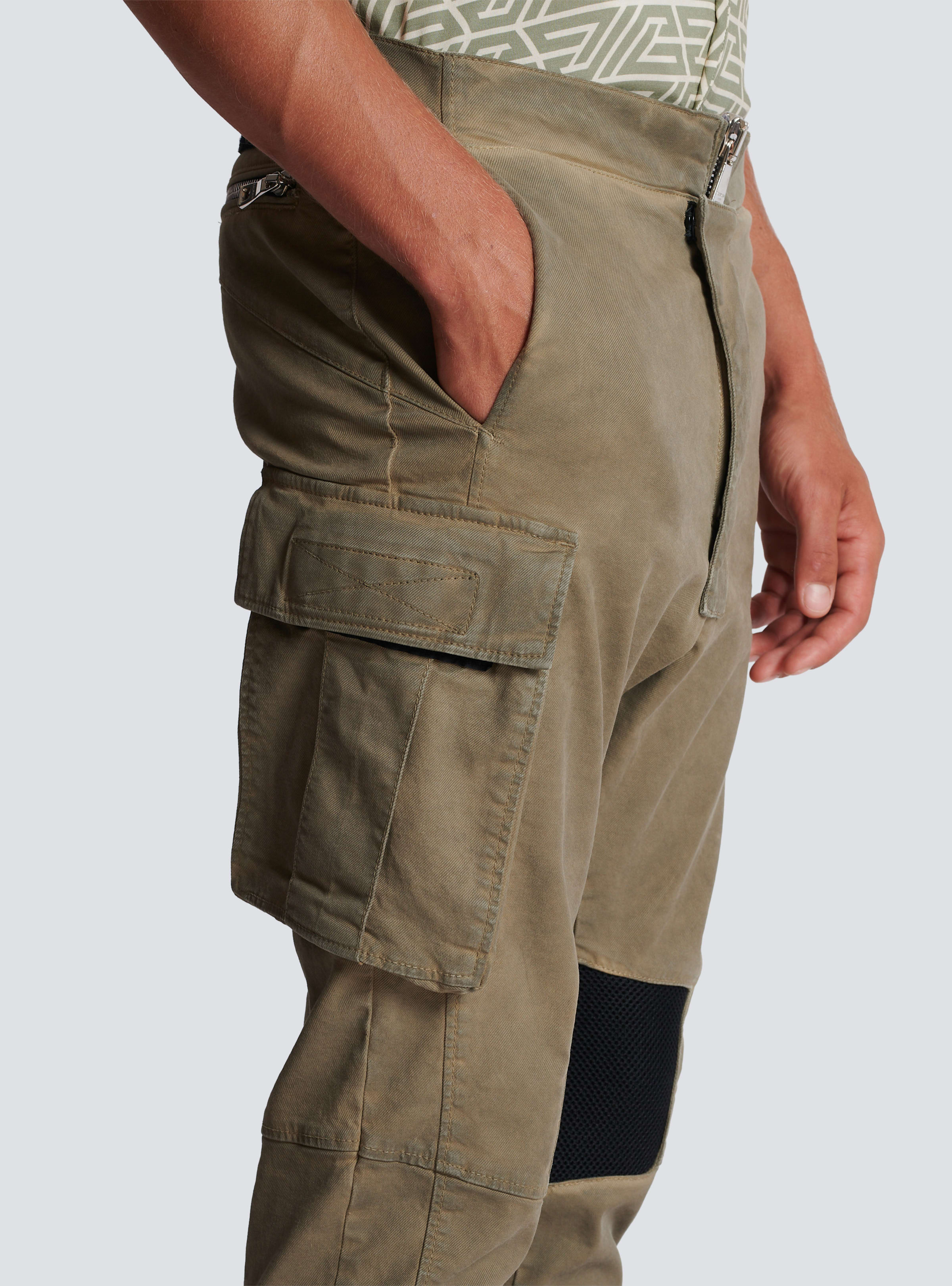 BALMAIN MEN'S CARGO TAPERED KHAKI COTTON & MESH PANTS NWT