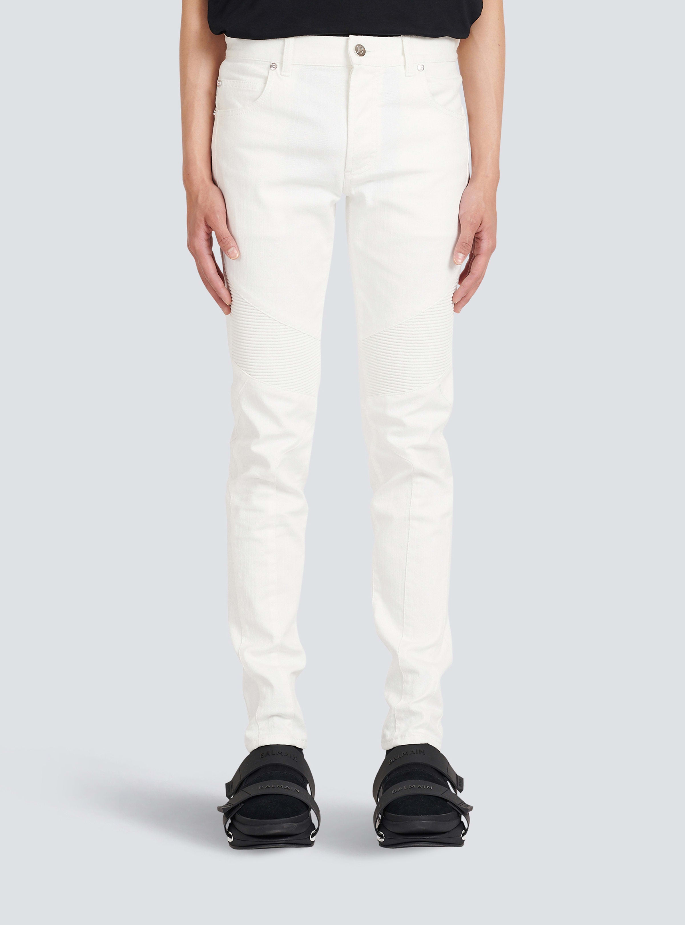 BALMAIN MEN'S WHITE RIBBED TAPERED JEANS