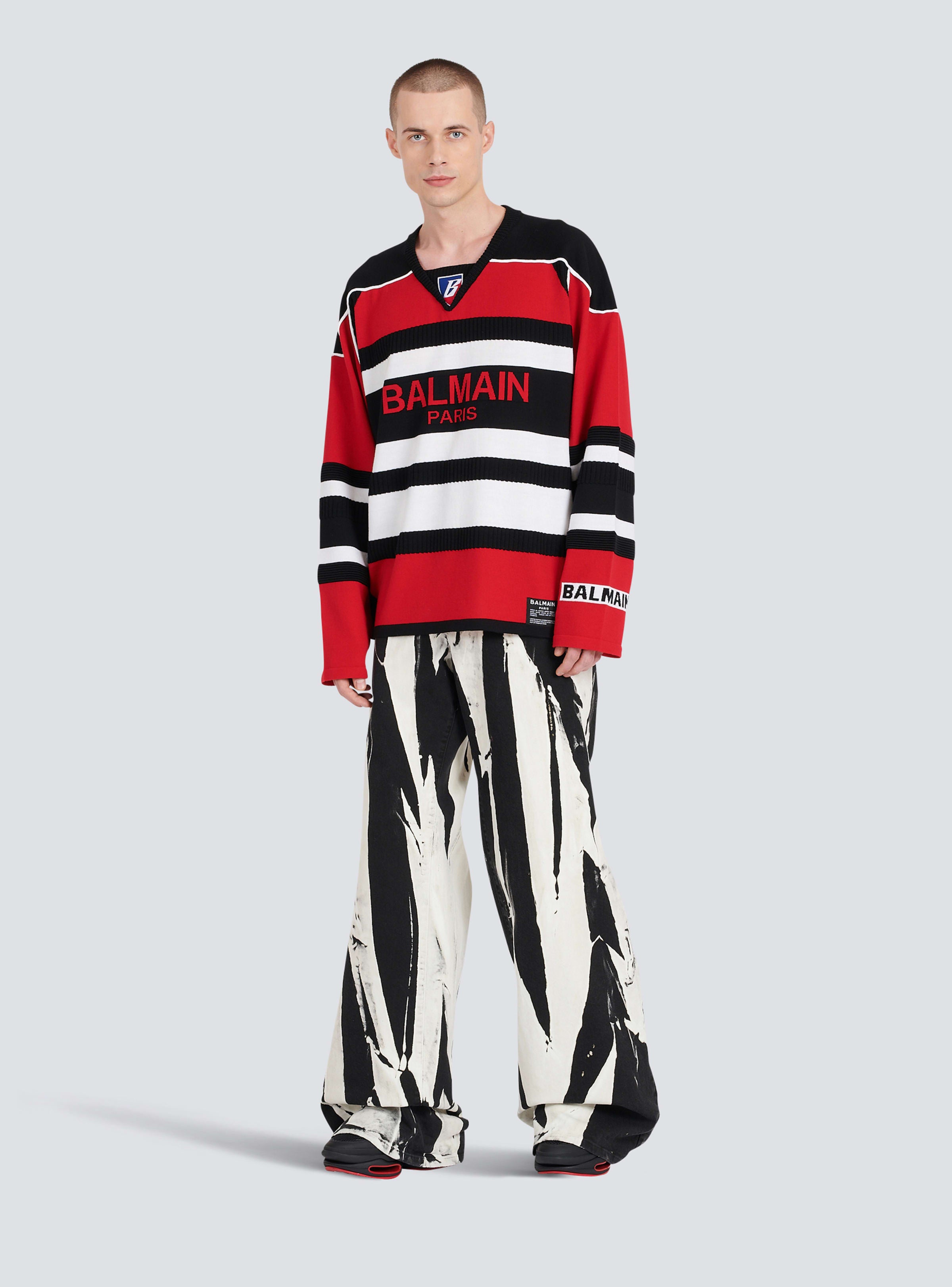 BALMAIN MEN'S BLACK RED WHITE BOXY SWEATER