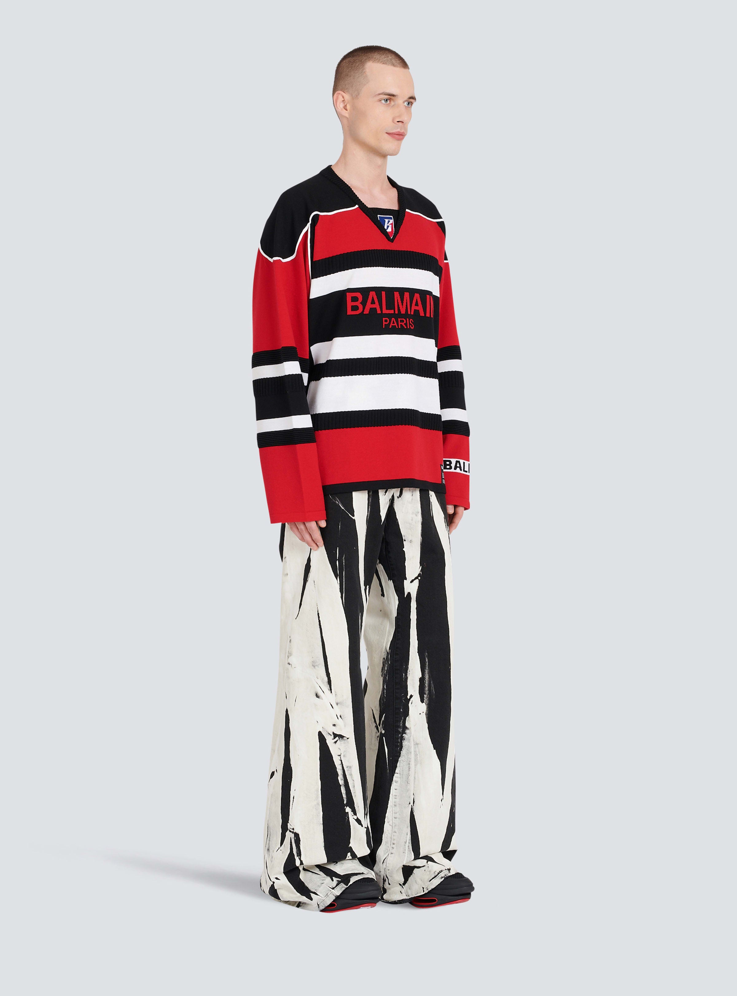 BALMAIN MEN'S BLACK RED WHITE BOXY SWEATER