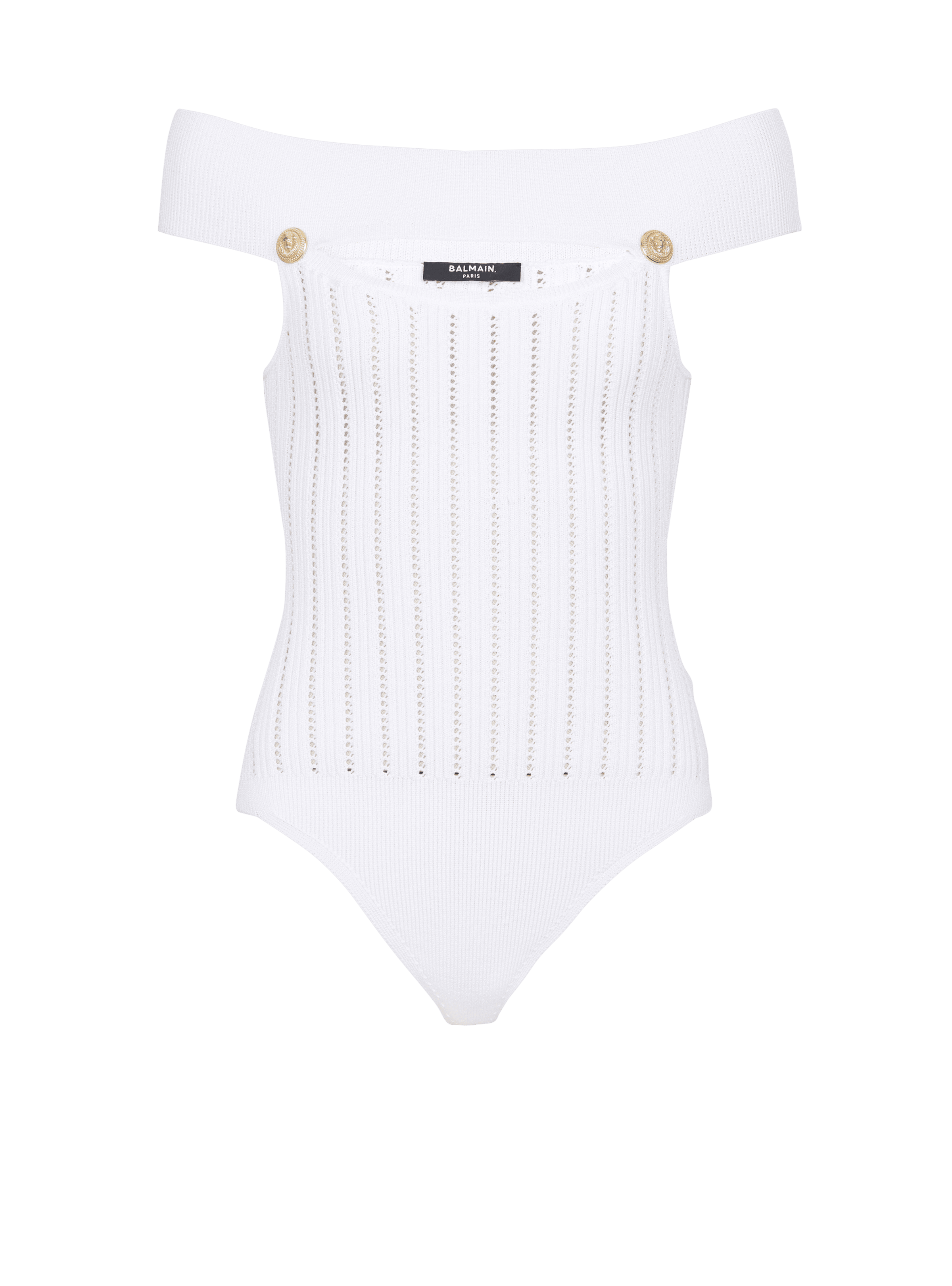 BALMAIN WOMEN'S OFF SHOULDER CUT RIBBED KNIT BODY NWT