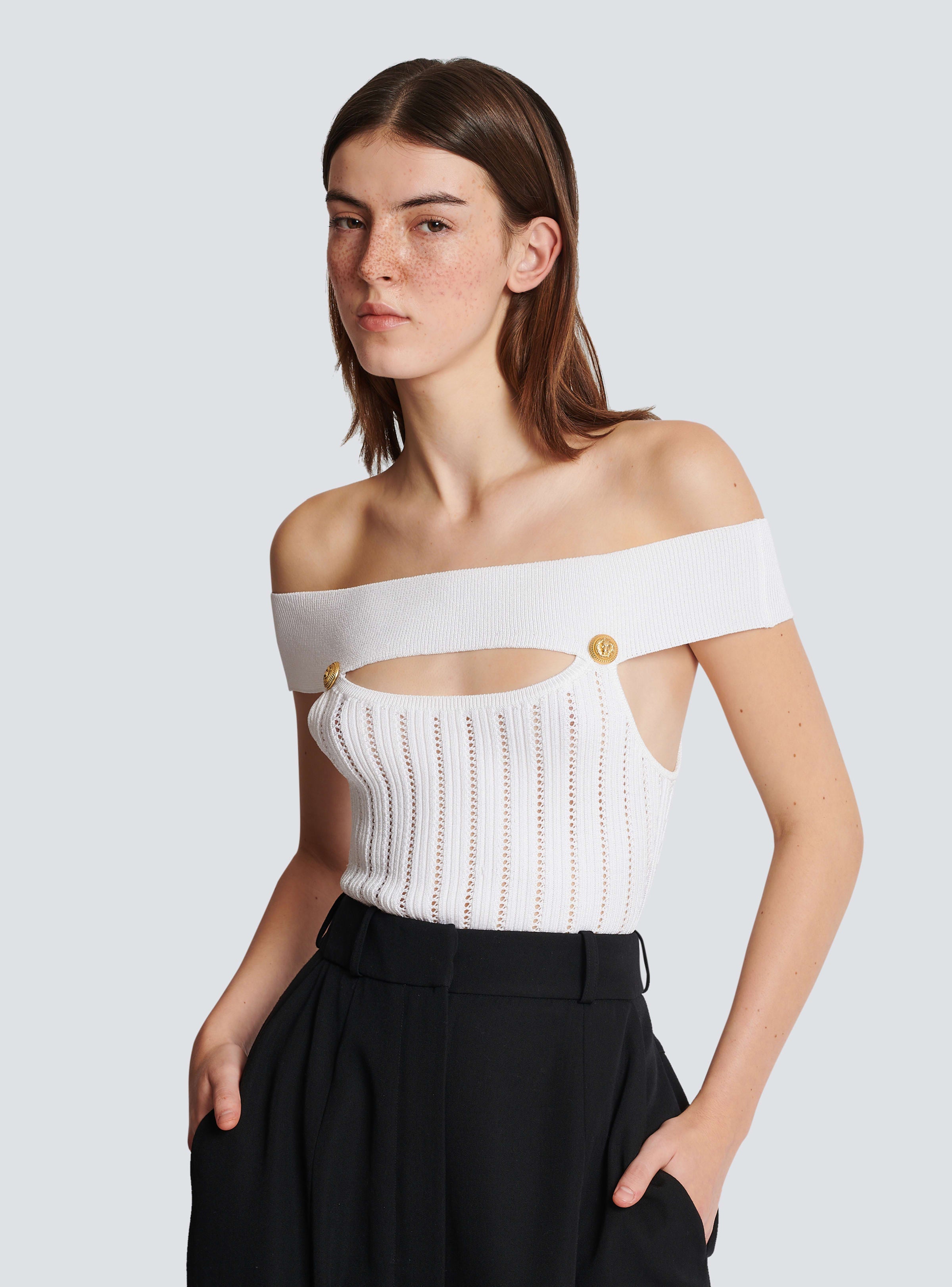 BALMAIN WOMEN'S OFF SHOULDER CUT RIBBED KNIT BODY NWT