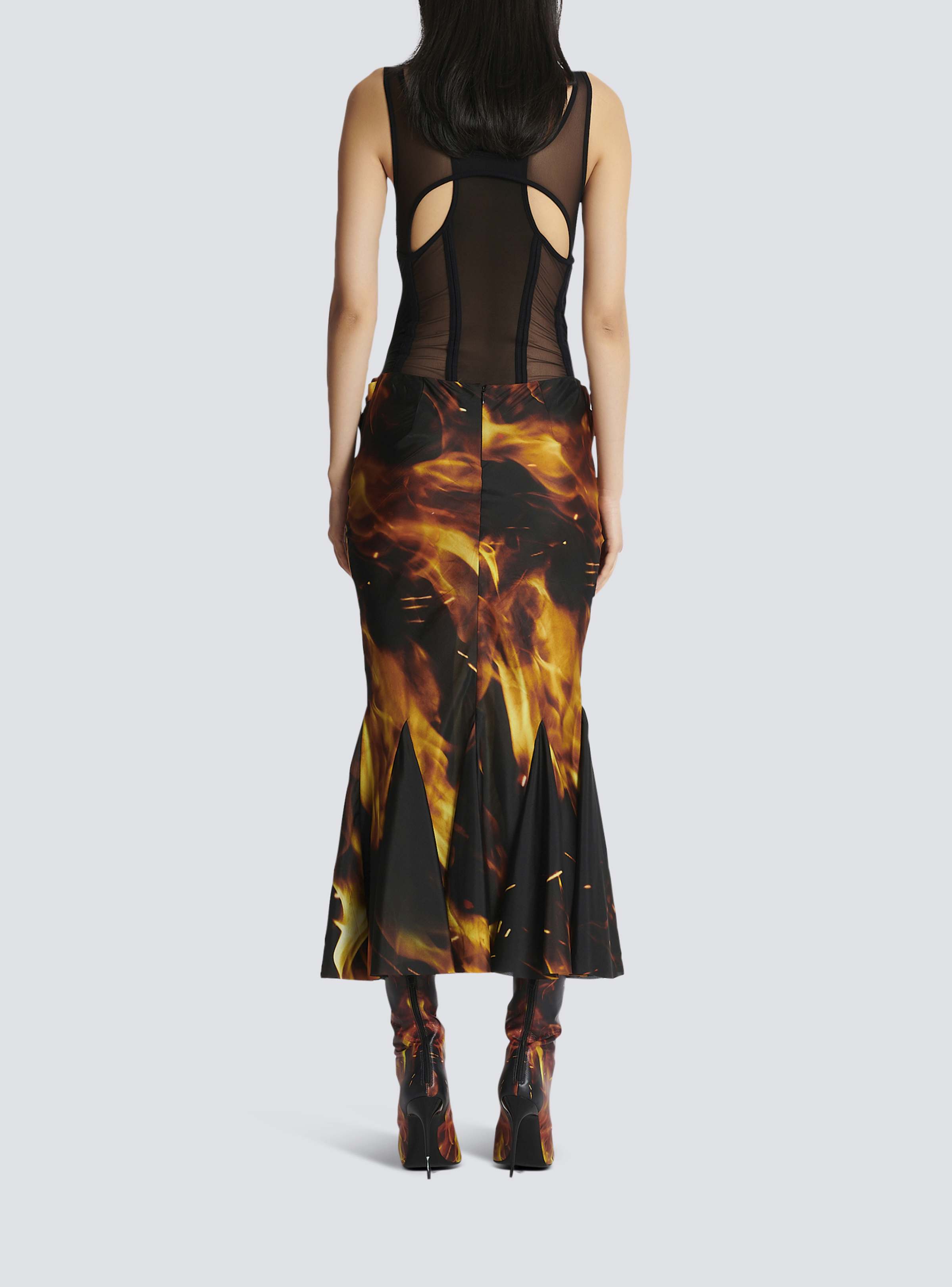 BALMAIN WOMEN'S BLACK YELLOW DRAPED FIRE PRINT SKIRT