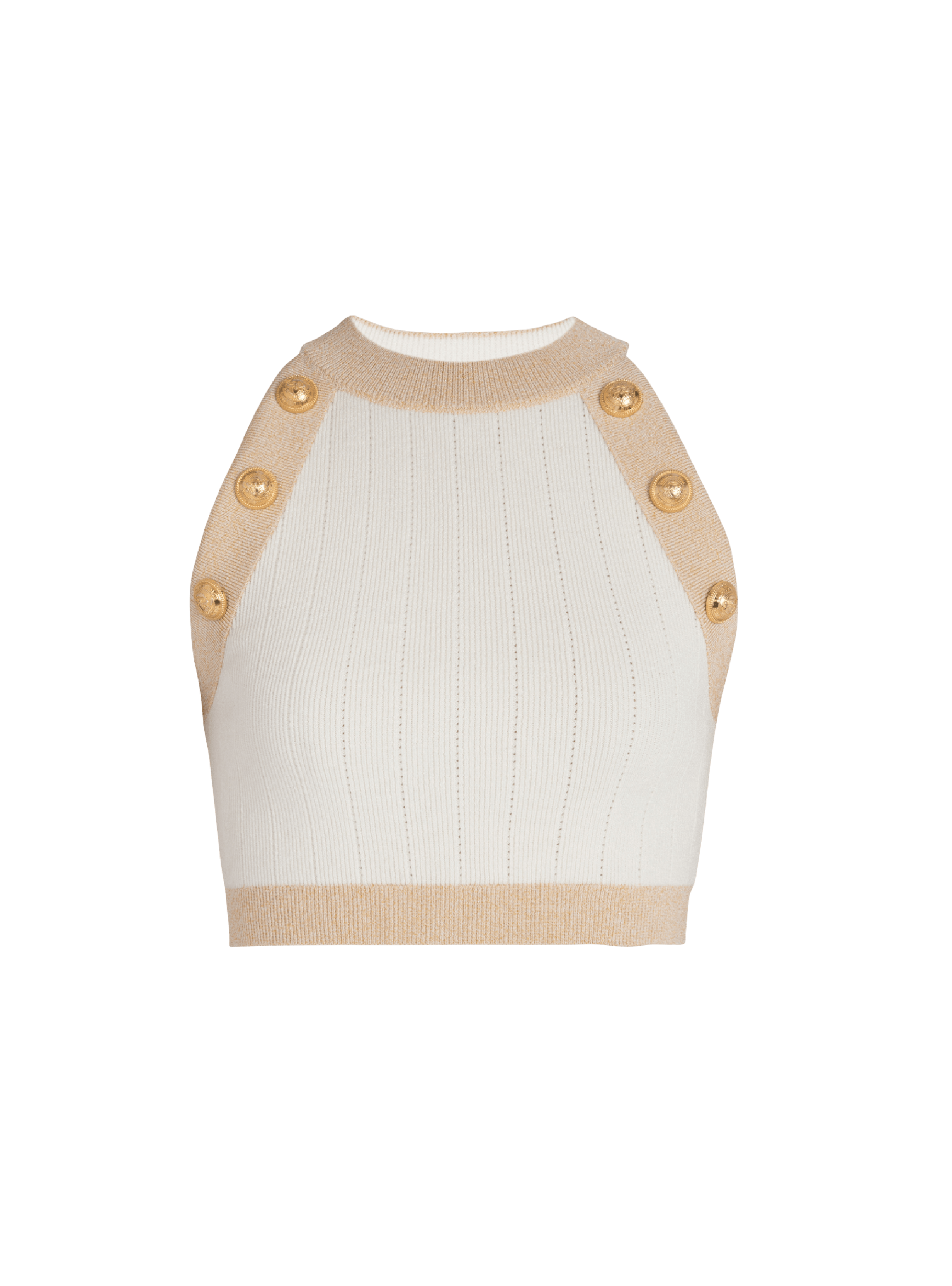 BALMAIN WOMEN'S 6 BTN GOLDEN EDGE KNIT CROPPED TOP NWT