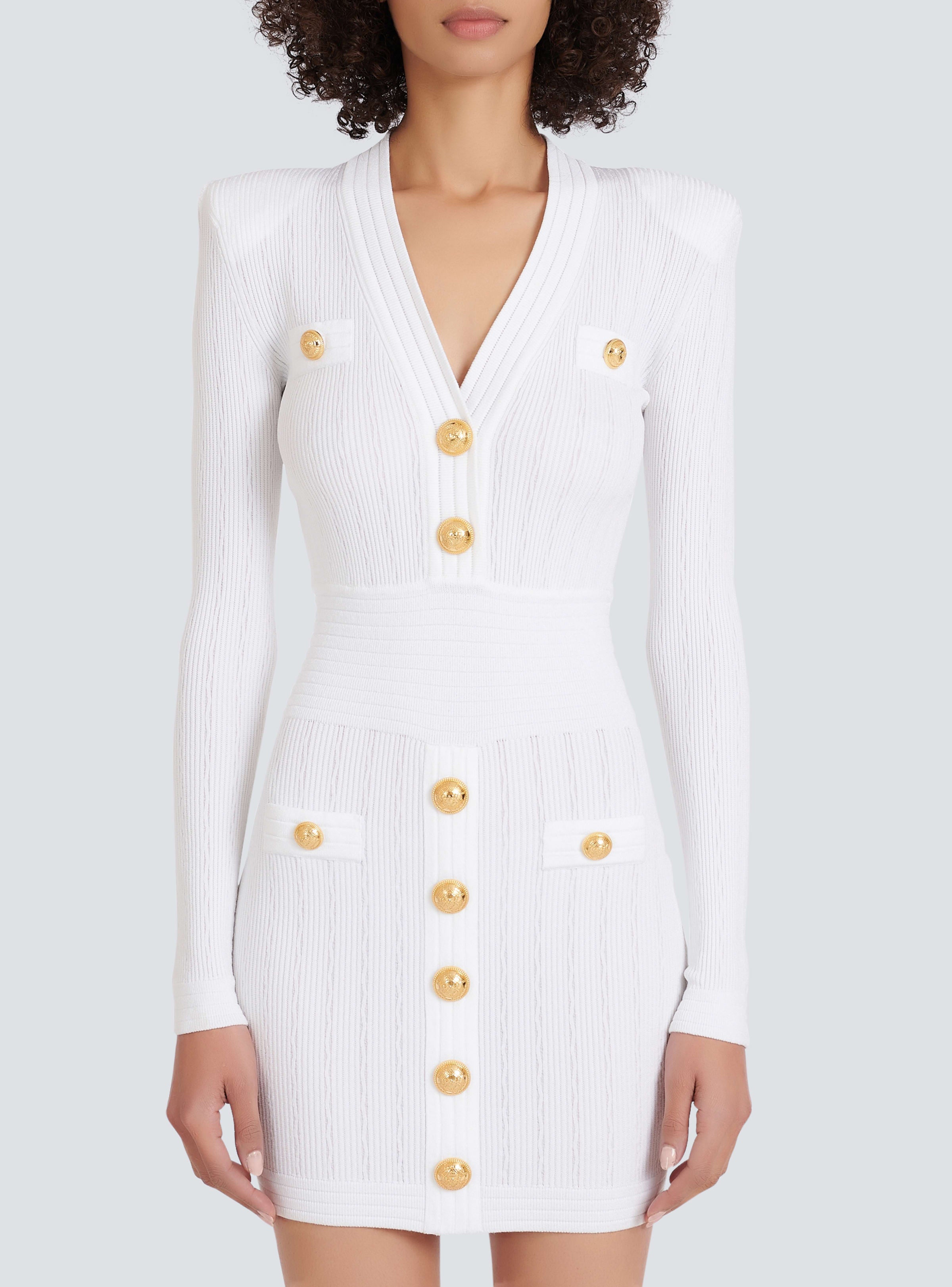 BALMAIN WOMEN'S SHORT LS V NECK BTN DETAILS KNIT DRESS NWT