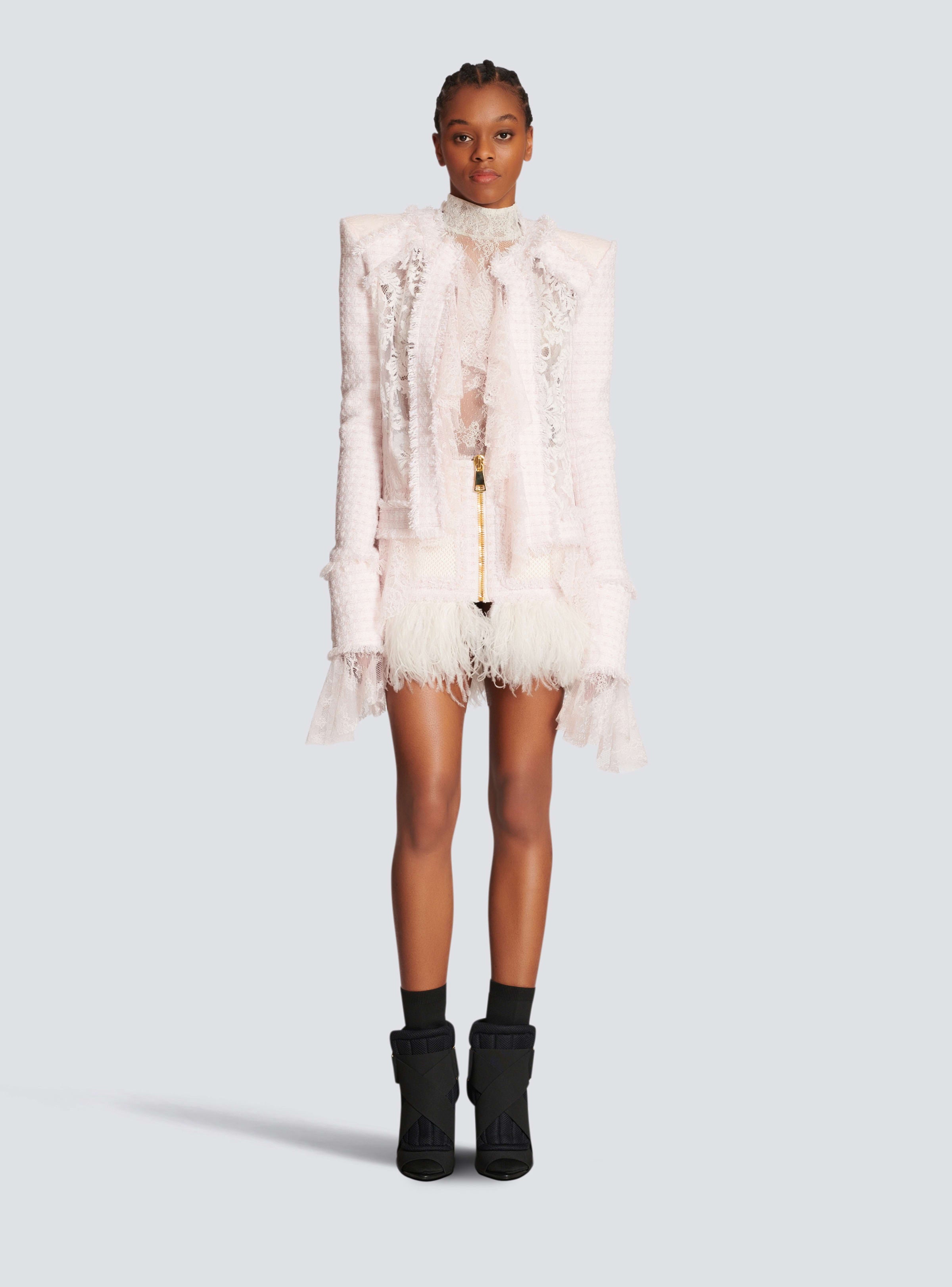 BALMAIN WOMEN'S FEATHER FRINGED MESH & TWEED MINI SKIRT NWT