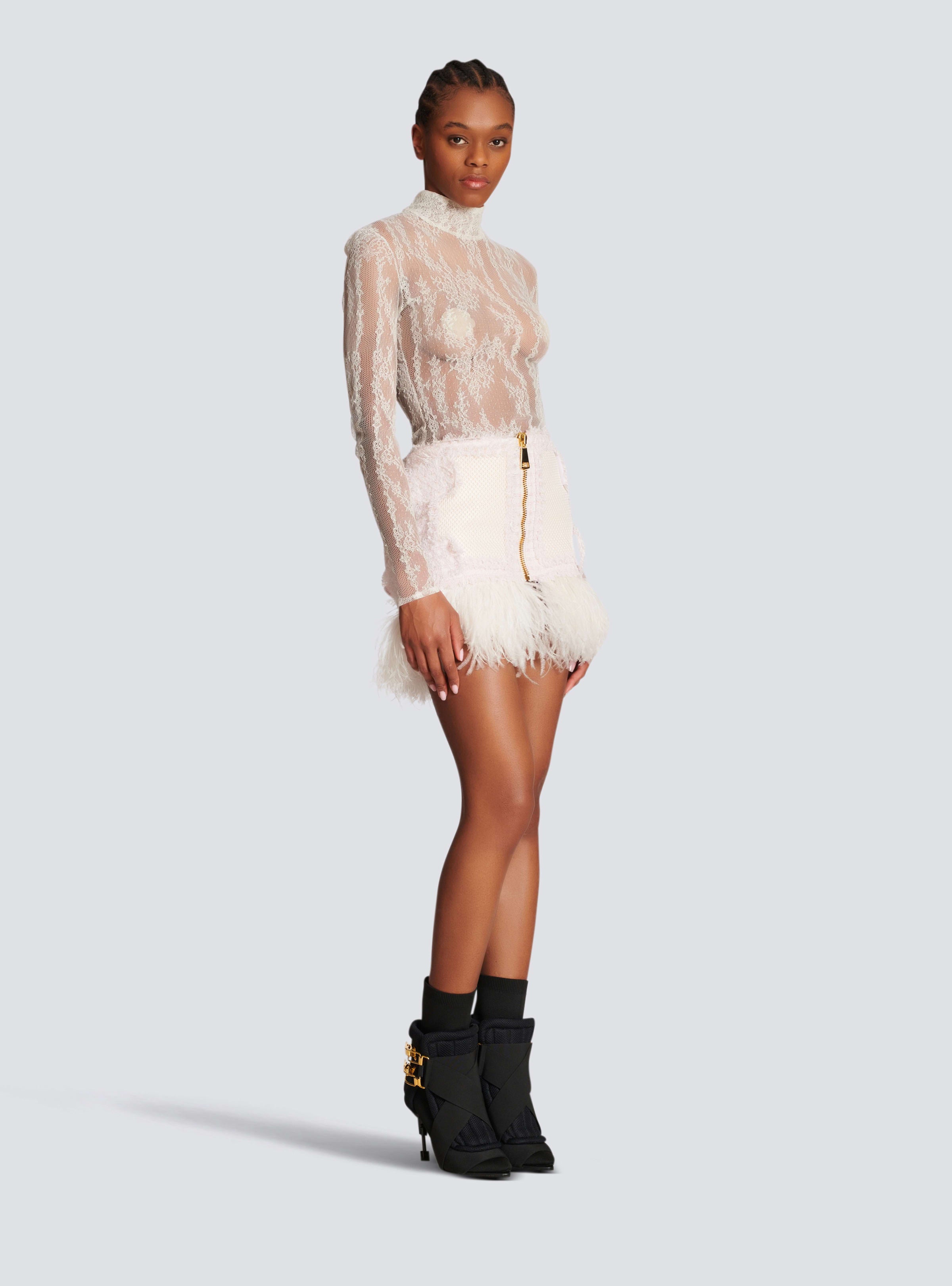 BALMAIN WOMEN'S FEATHER FRINGED MESH & TWEED MINI SKIRT NWT