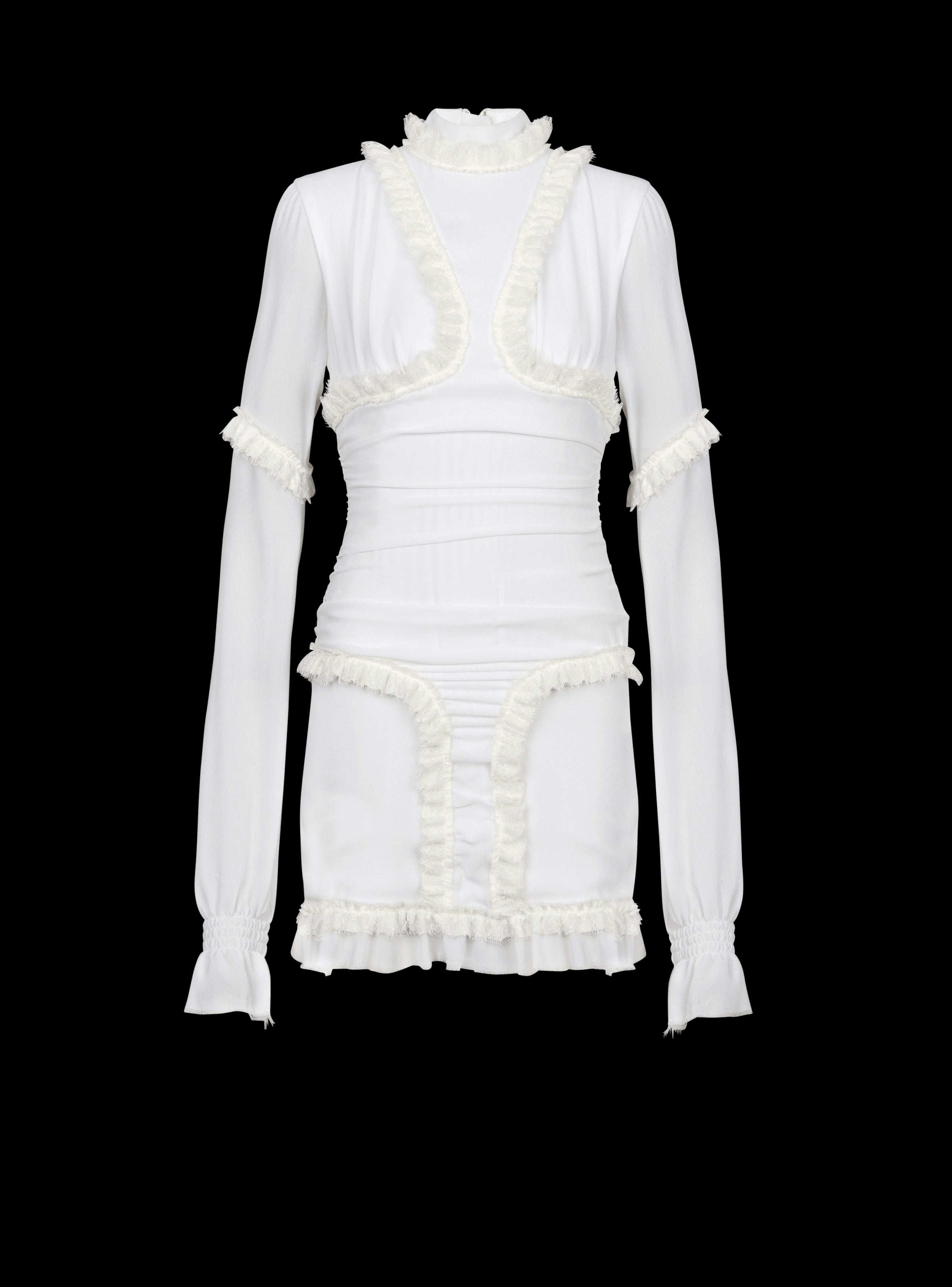 BALMAIN WOMEN'S LS CREPE SHORT DRESS WITH RUFFLES NWT