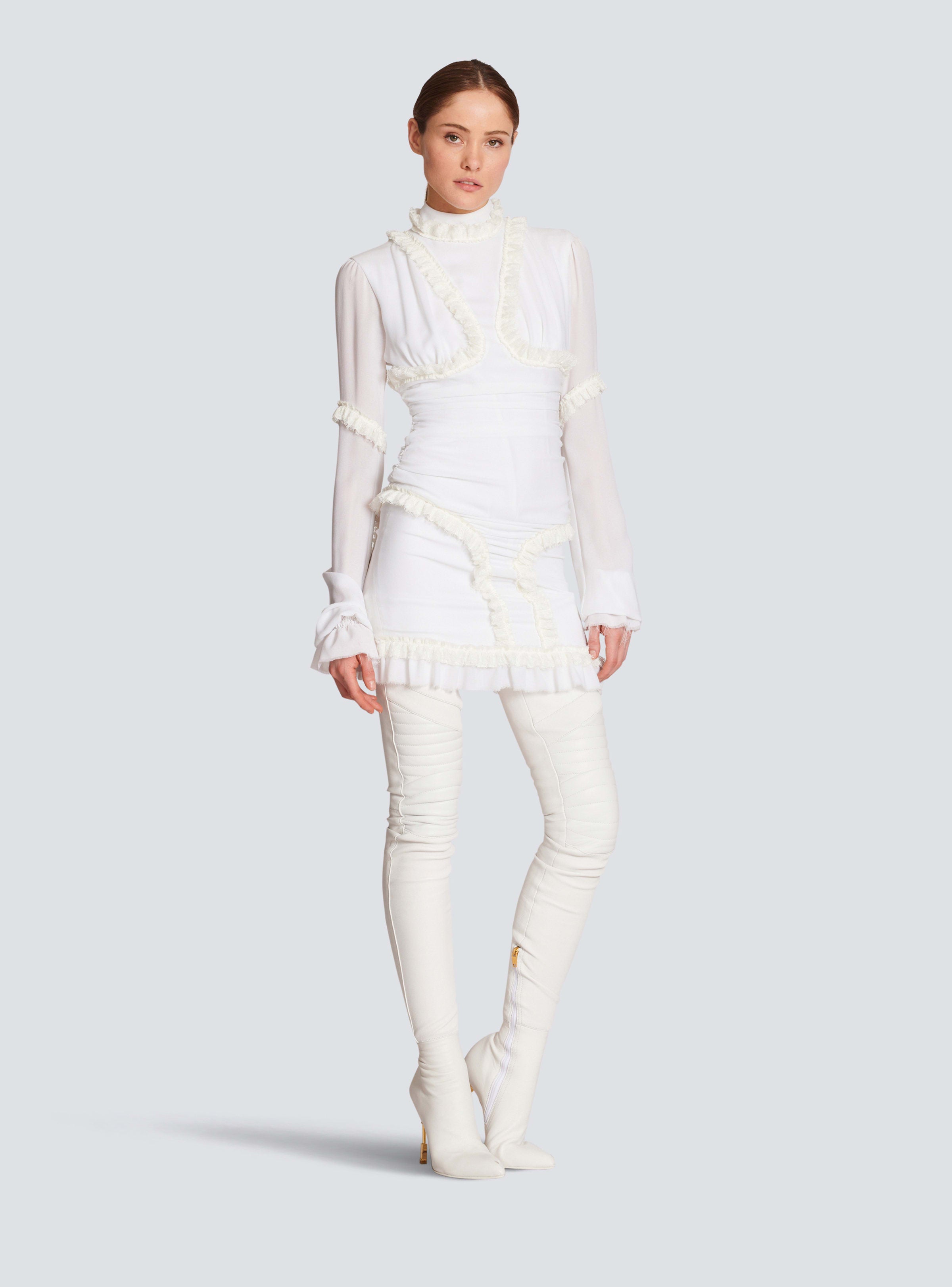 BALMAIN WOMEN'S LS CREPE SHORT DRESS WITH RUFFLES NWT