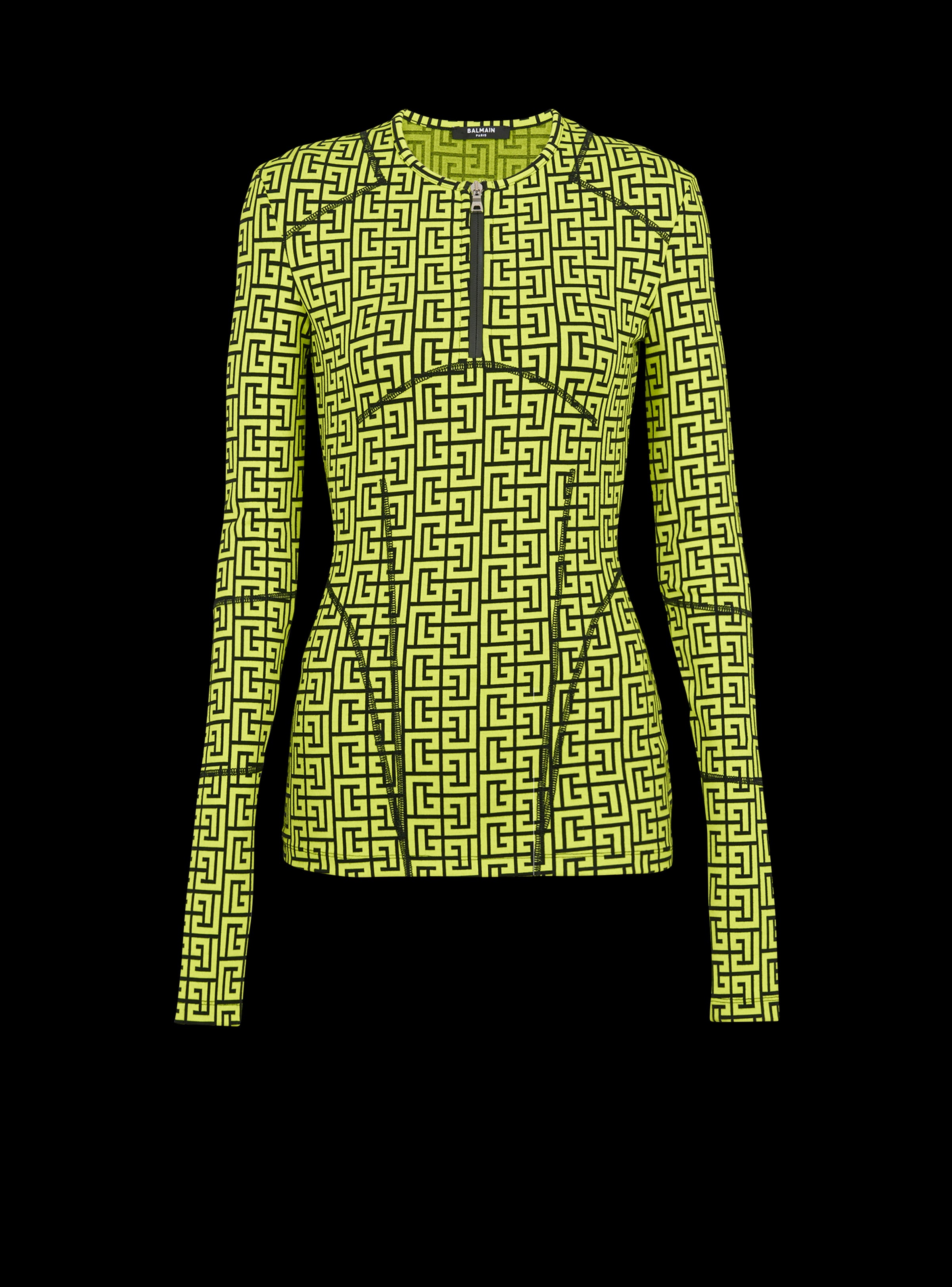 BALMAIN WOMEN'S LS MONOGRAM ZIPPED JERSEY TOP NWT