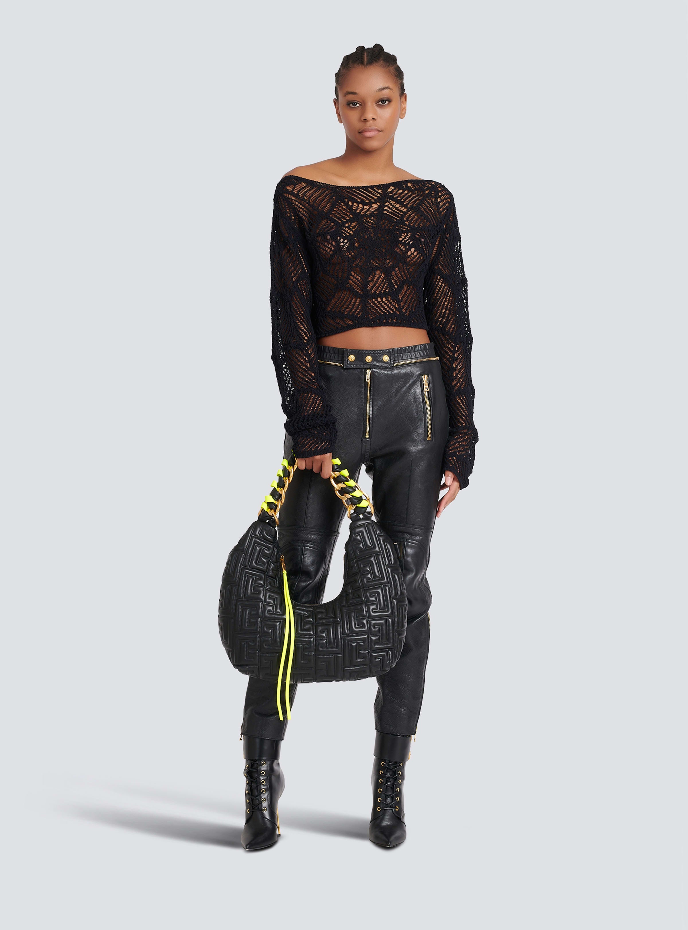BALMAIN WOMEN'S LS OFF SHOULDER CROPPED CROCHET KNIT TOP NWT
