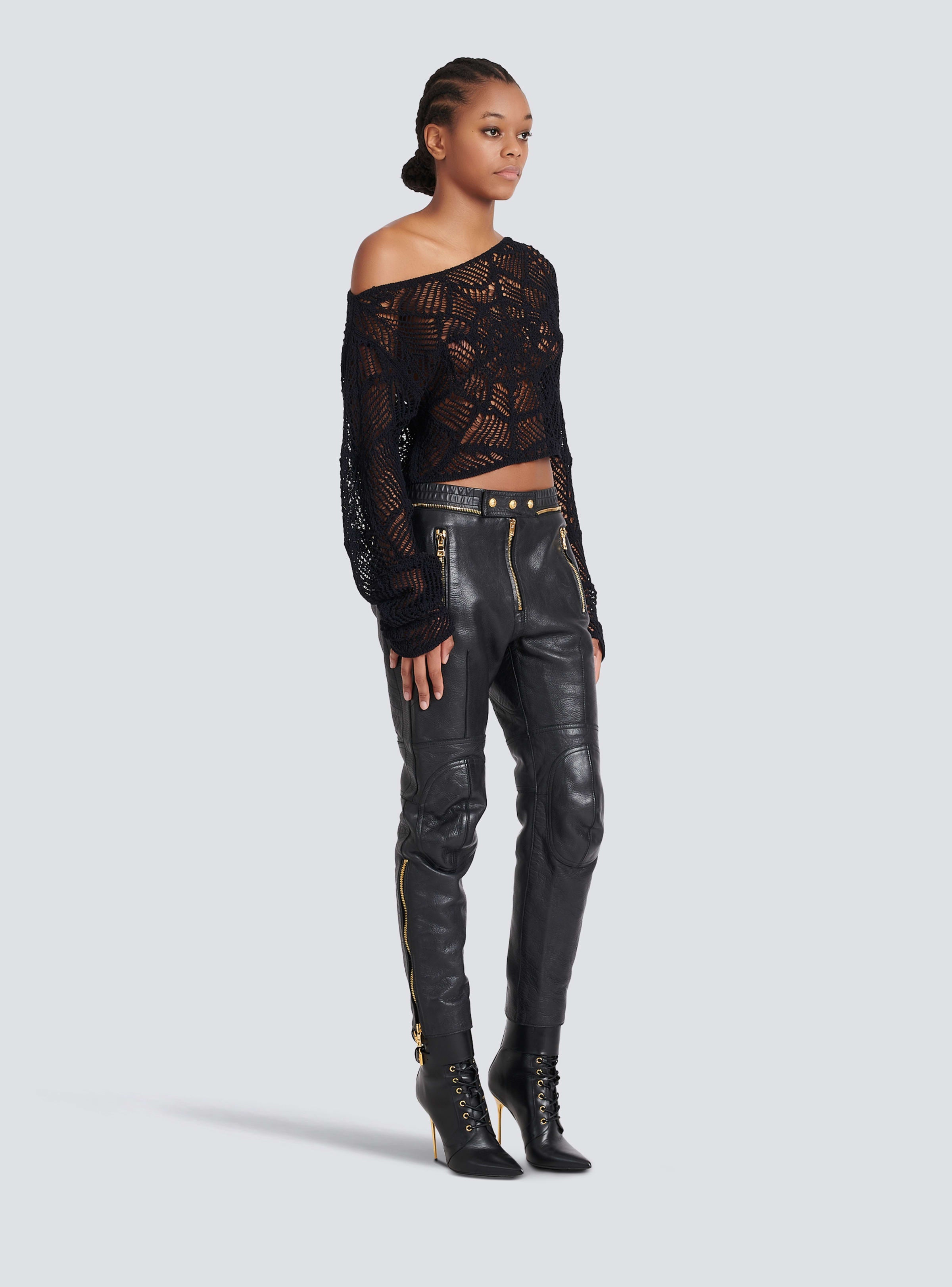 BALMAIN WOMEN'S LS OFF SHOULDER CROPPED CROCHET KNIT TOP NWT