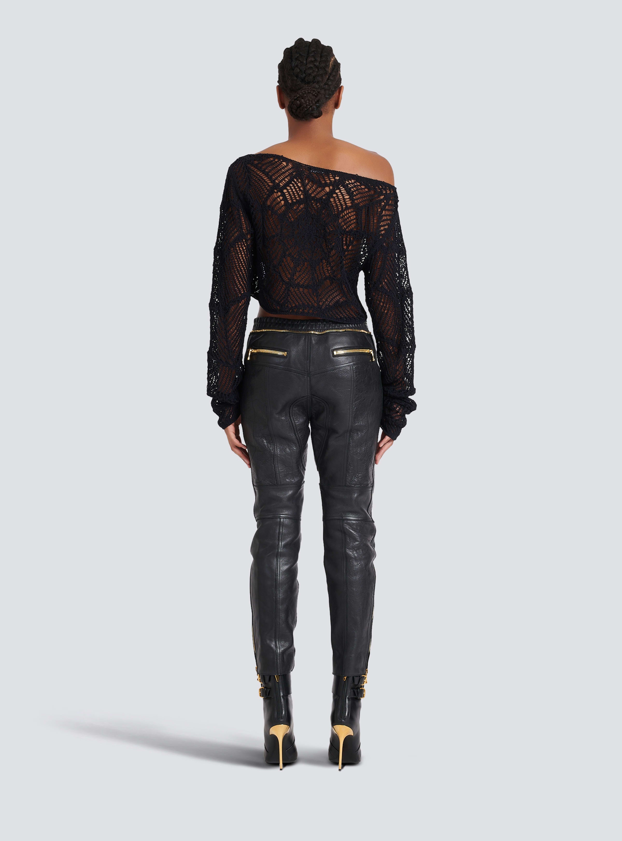 BALMAIN WOMEN'S LS OFF SHOULDER CROPPED CROCHET KNIT TOP NWT