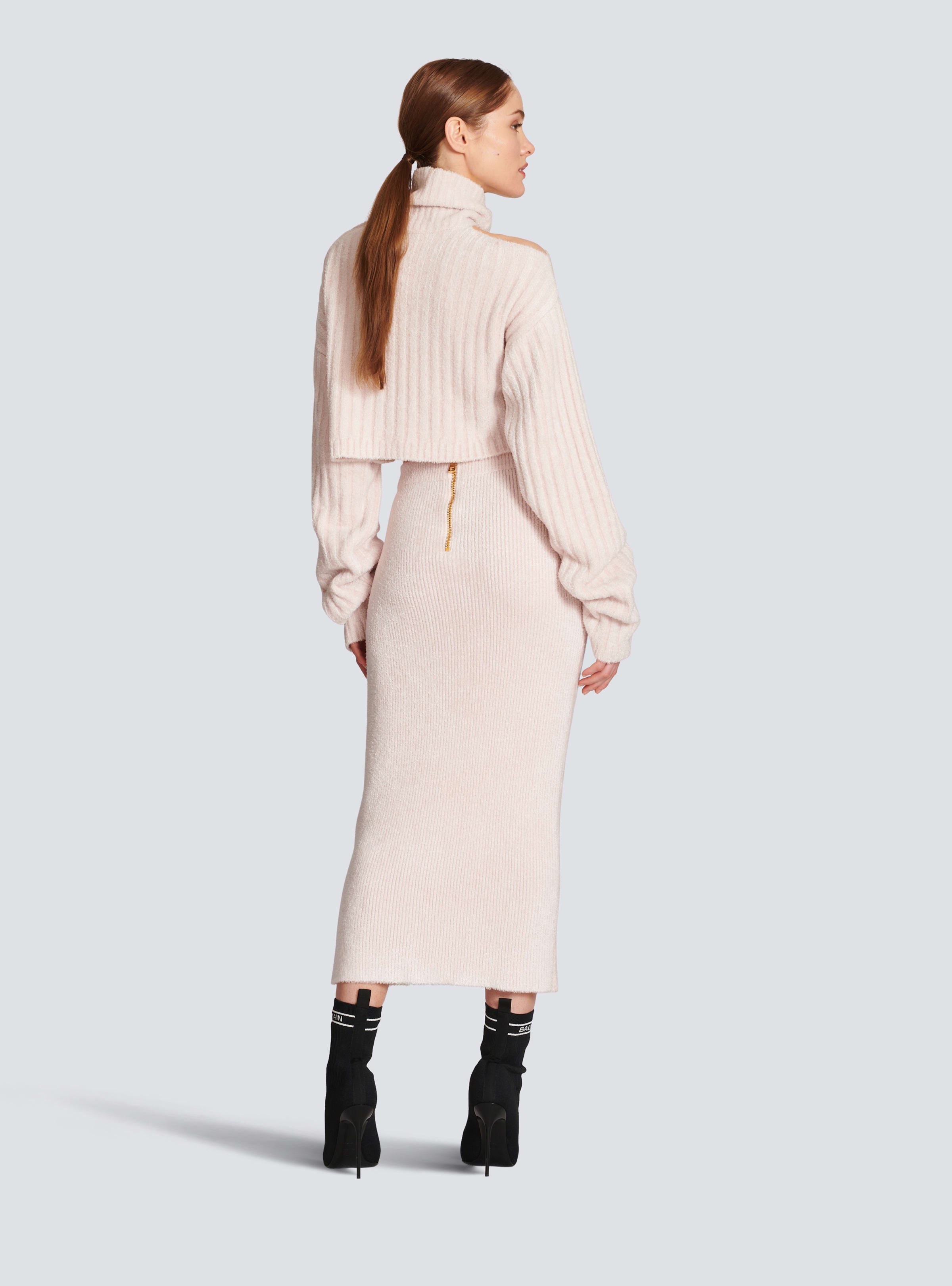 BALMAIN WOMEN'S OFF-WHITE RIBBED VELVET MIDI SKIRT