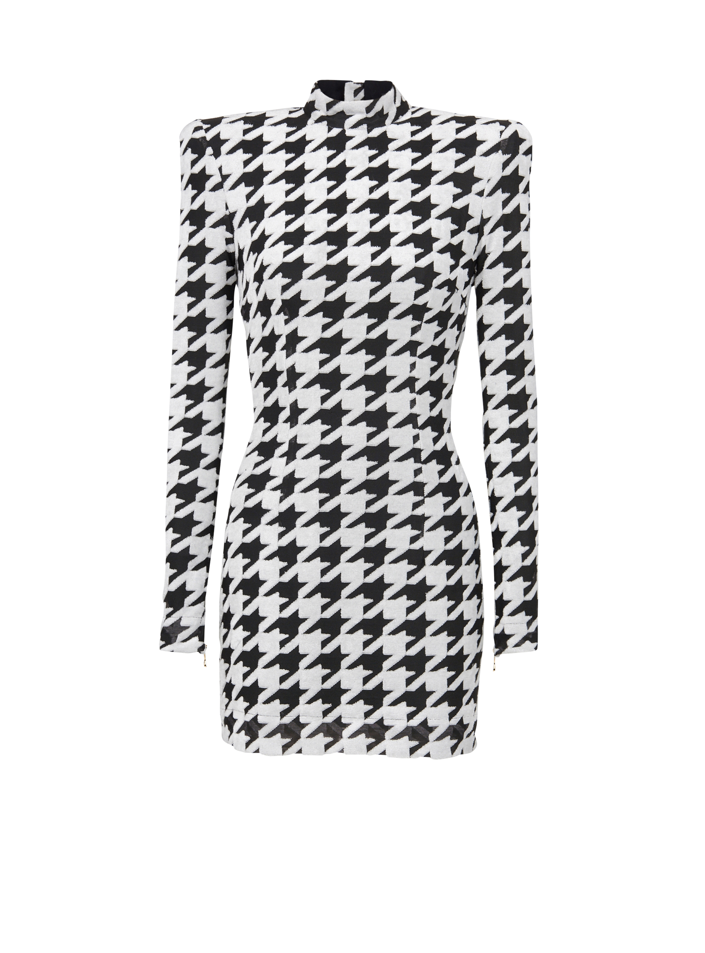 BALMAIN WOMEN'S LS HOUNDSTOOTH VELVET SHORT DRESS NWT