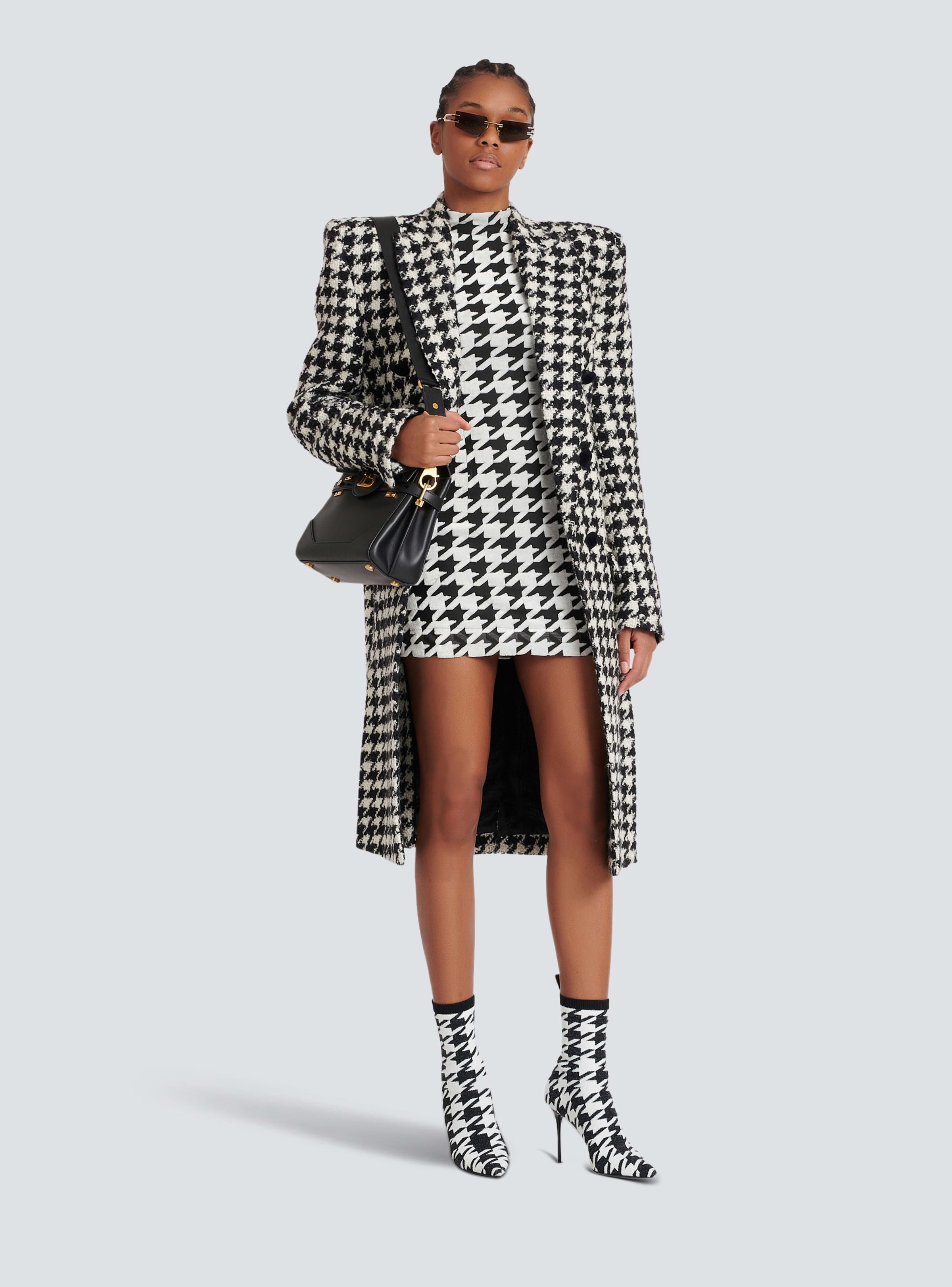 BALMAIN WOMEN'S LS HOUNDSTOOTH VELVET SHORT DRESS NWT