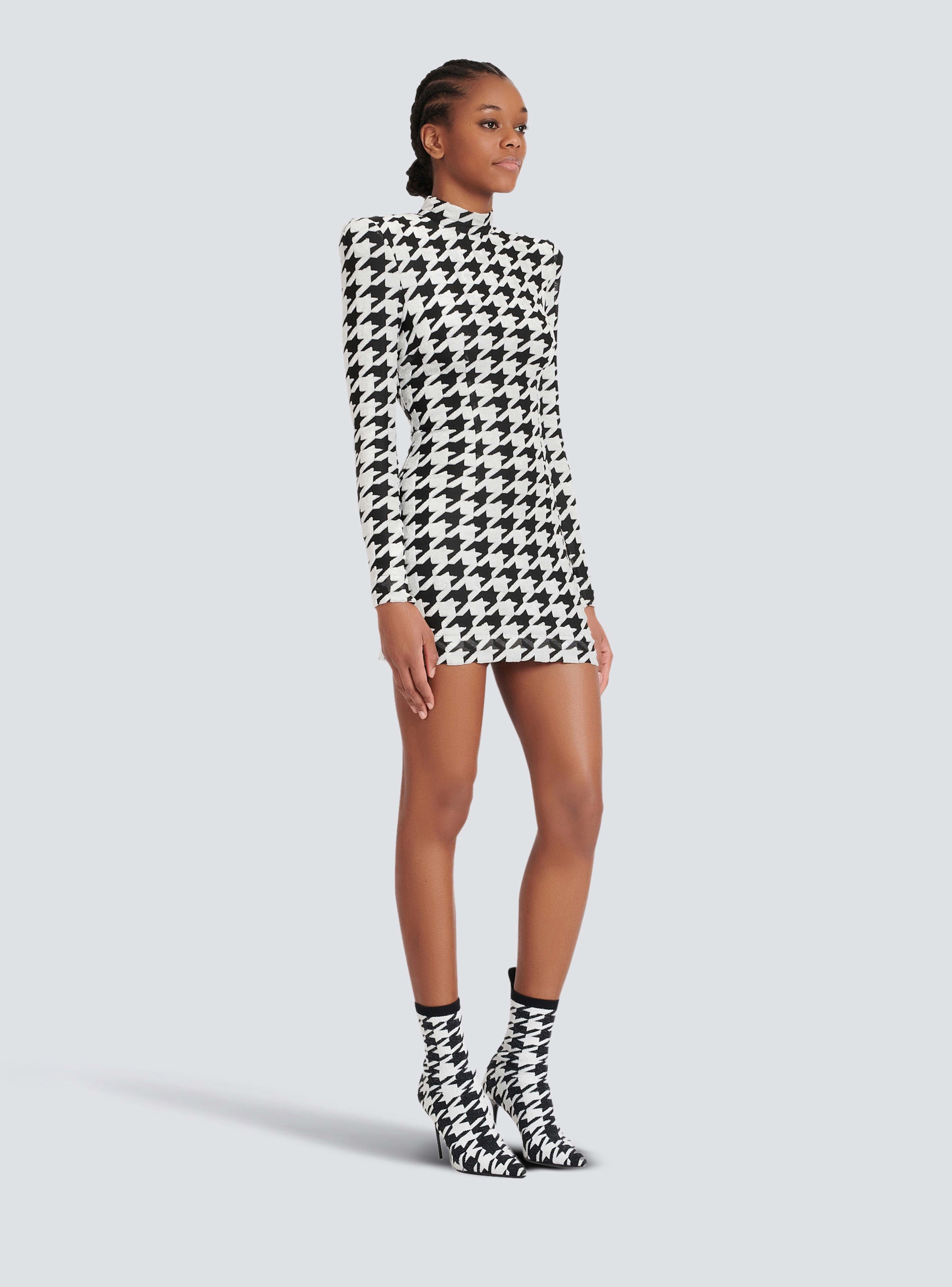 BALMAIN WOMEN'S LS HOUNDSTOOTH VELVET SHORT DRESS NWT