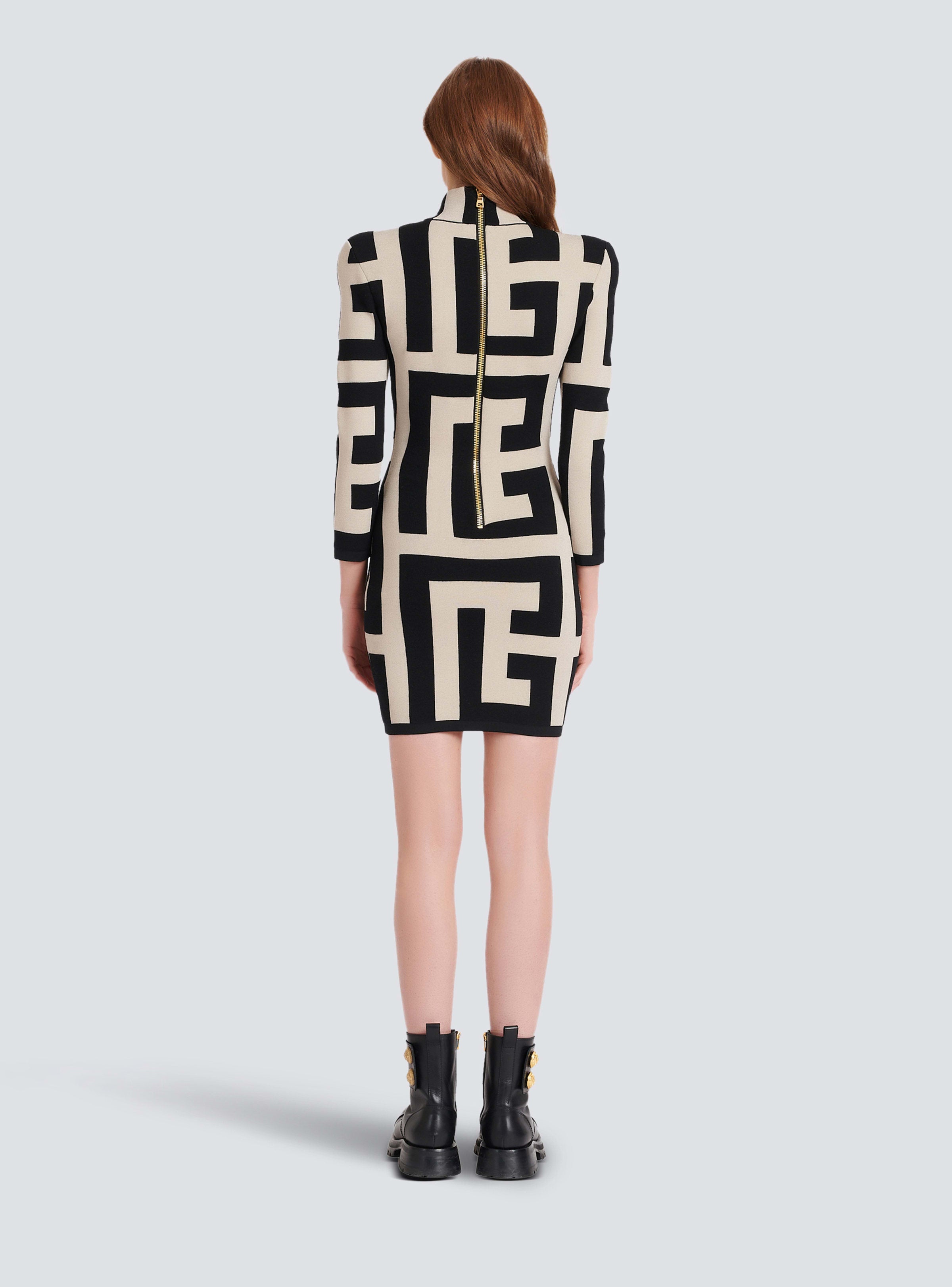 BALMAIN WOMEN'S LS MEGA MONOGRAM KNIT SHORT DRESS NWT