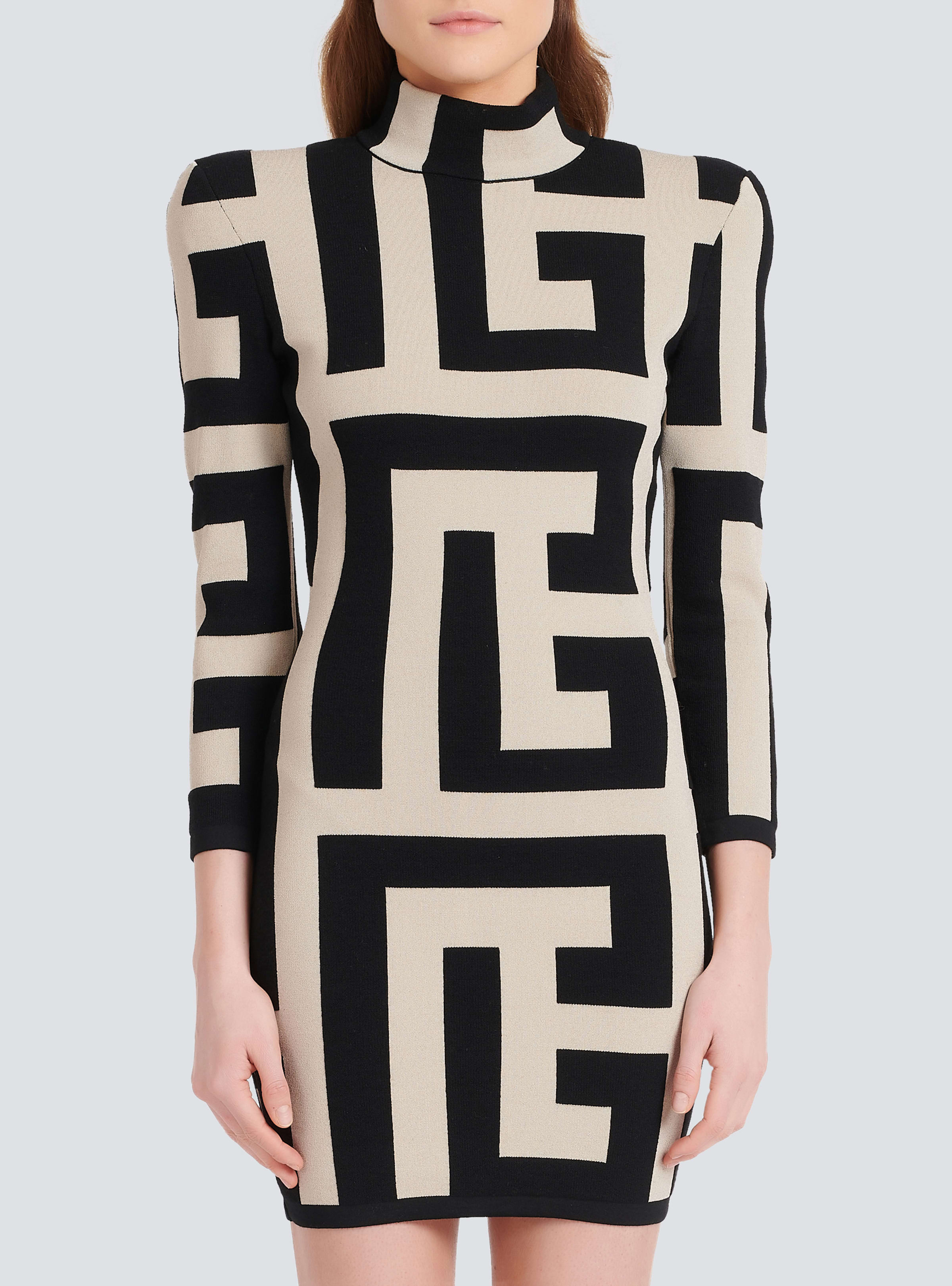 BALMAIN WOMEN'S LS MEGA MONOGRAM KNIT SHORT DRESS NWT