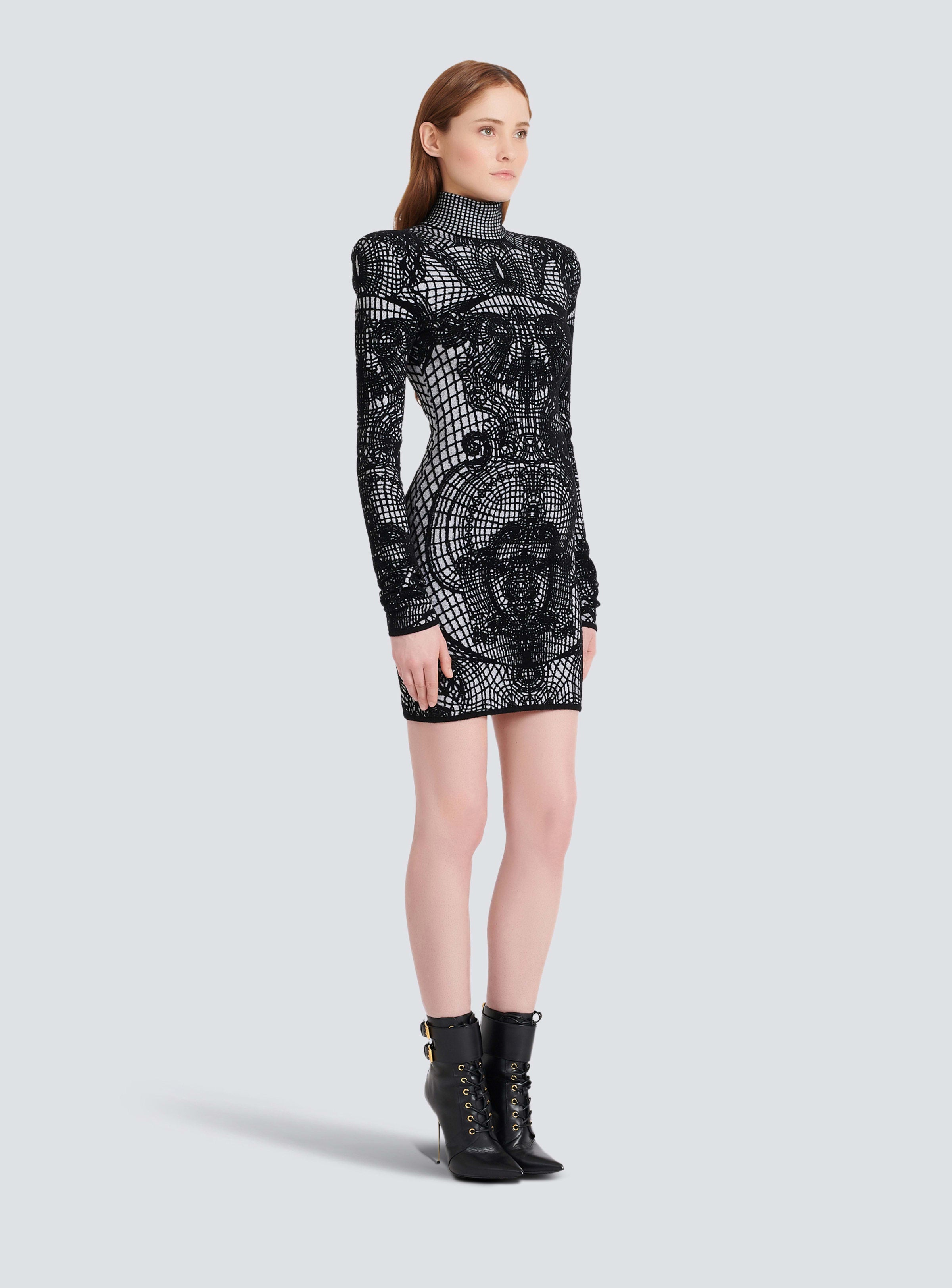BALMAIN WOMEN'S LS HIGH NECK GRAPHIC VELVET SHORT DRESS NWT