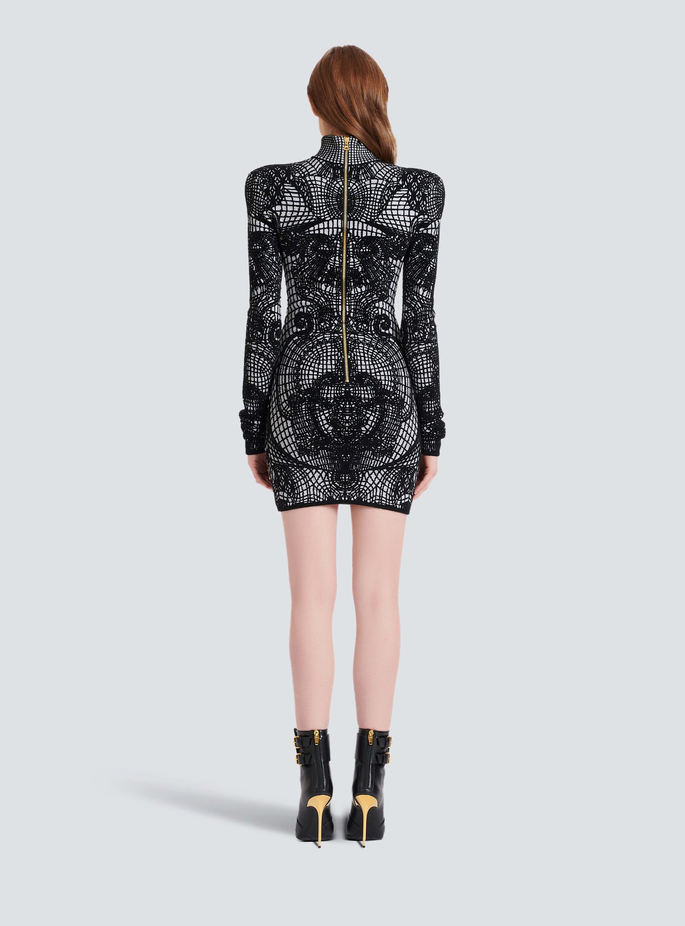 BALMAIN WOMEN'S LS HIGH NECK GRAPHIC VELVET SHORT DRESS NWT