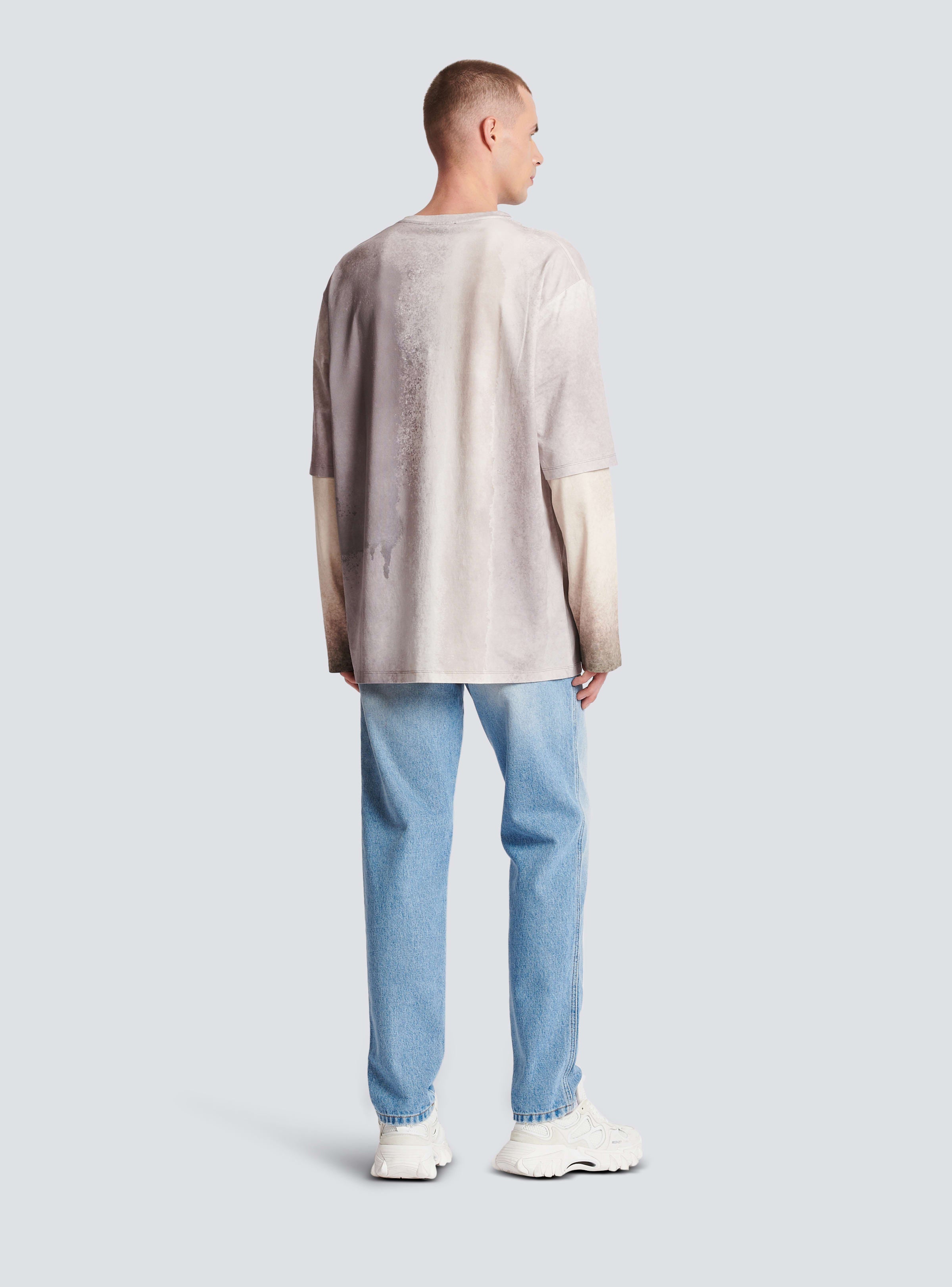 BALMAIN MEN'S BALMAIN SPRAYED DOUBLE LAYER LS T-SHIRT NWT