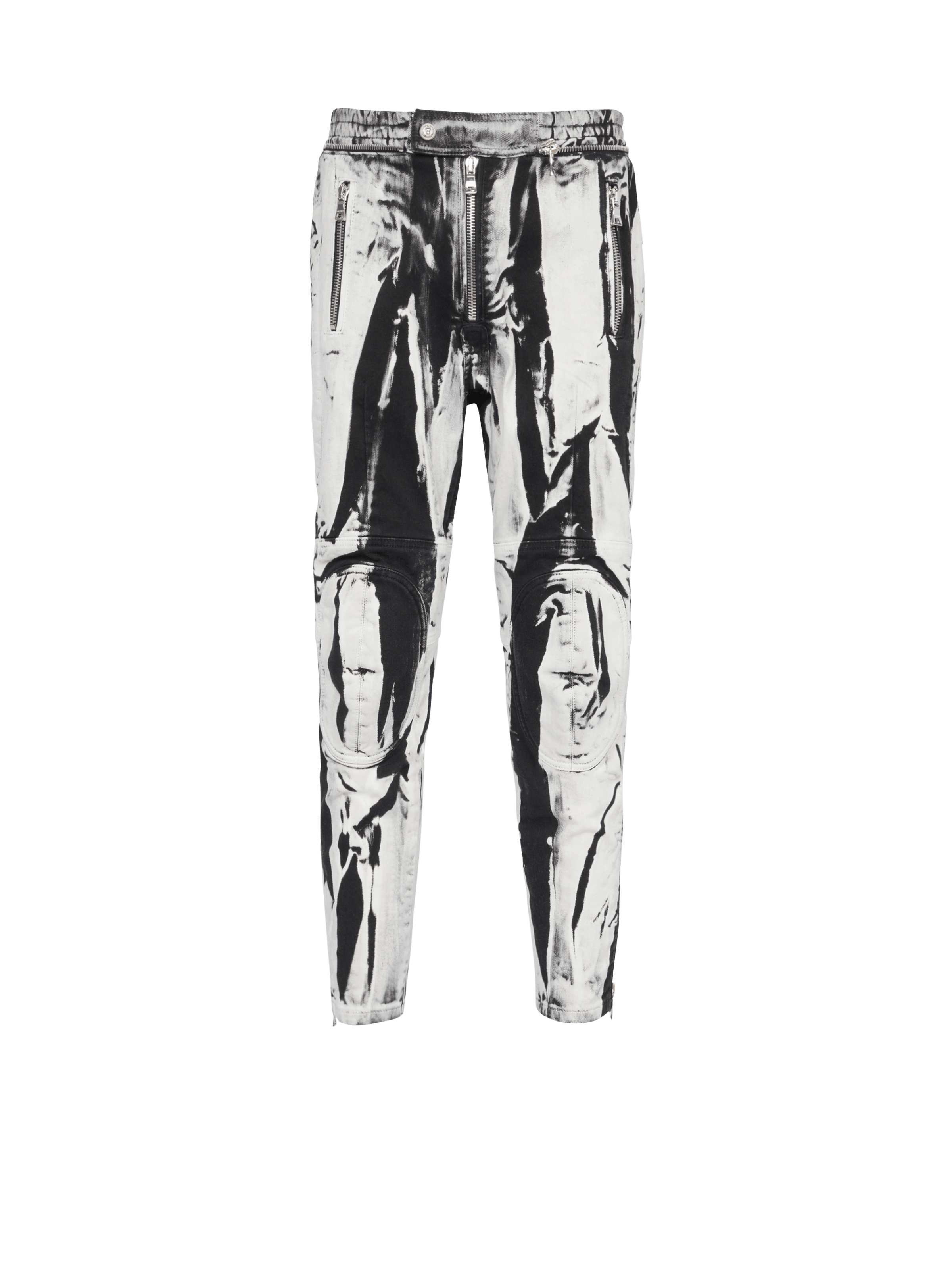 BALMAIN MEN'S KNEE-PADS B&W PRINTED RIDER JEANS NWT