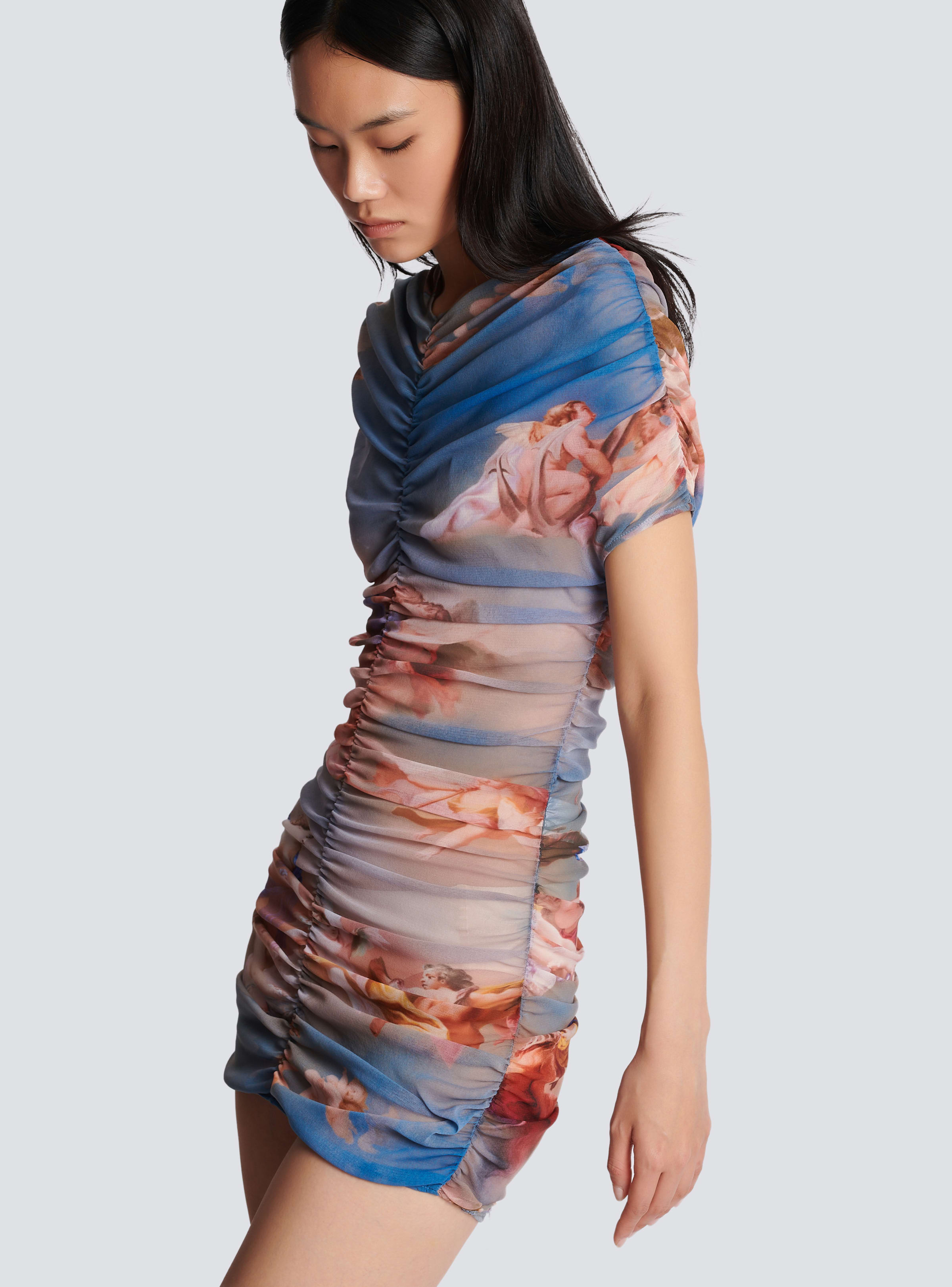 BALMAIN WOMEN'S SS SKY PRINTED TULLE DRESS NWT