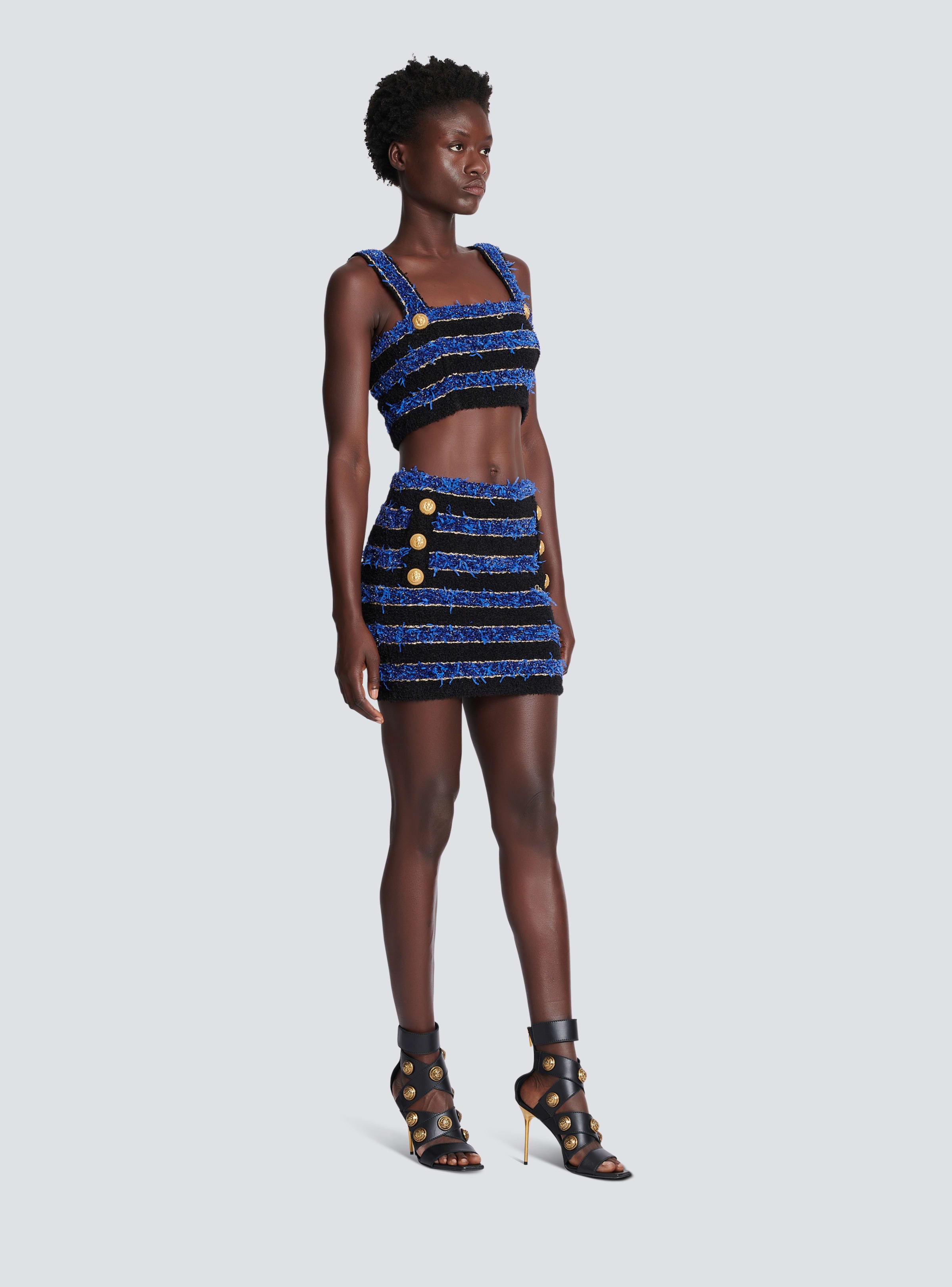 BALMAIN WOMEN'S 2 BTN STRIPED TWEED STRAPPED BRA TOP NWT