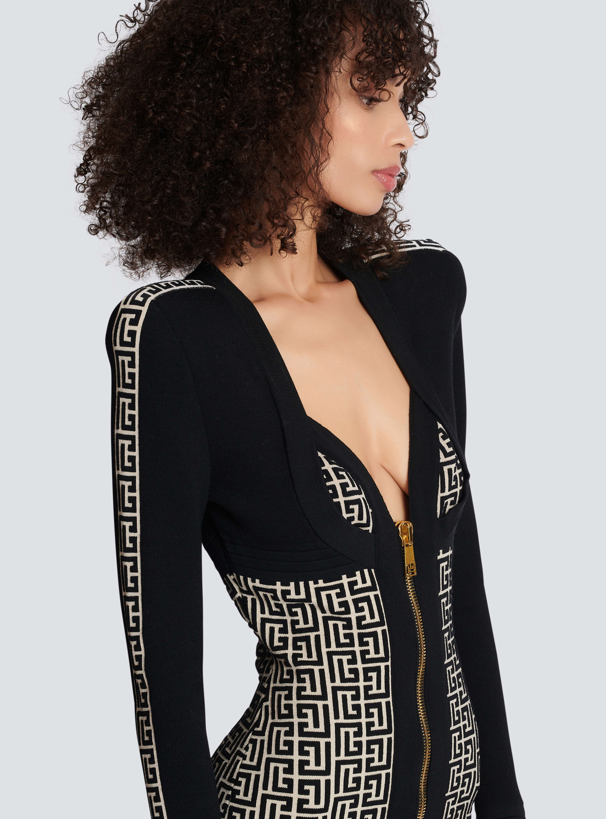 BALMAIN WOMEN'S LS MONOGRAM KNIT MIX ZIPPED SHORT DRESS NWT