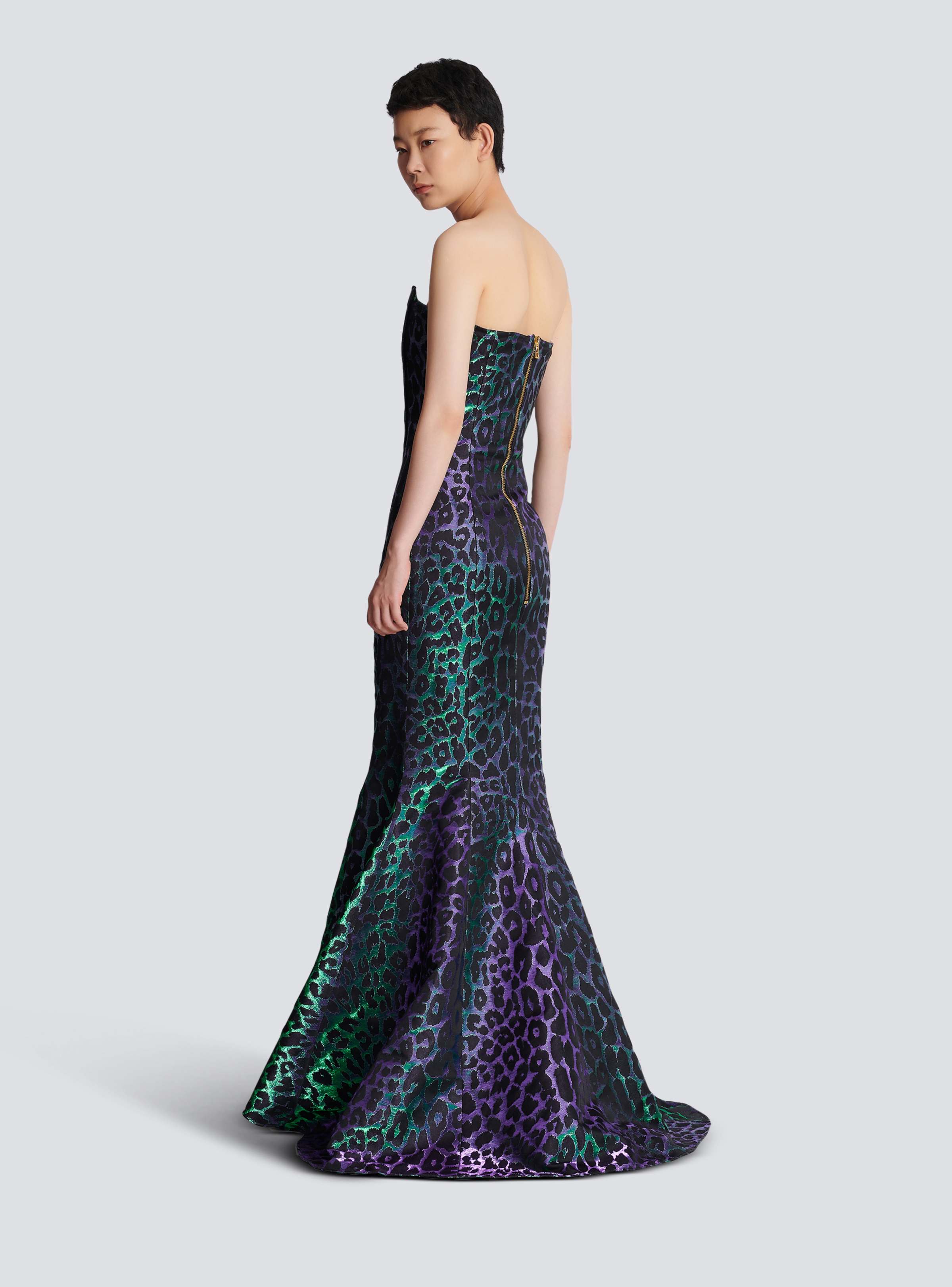 BALMAIN WOMEN'S IRIDESCENT LEOPARD BUSTIER LONG DRESS NWT