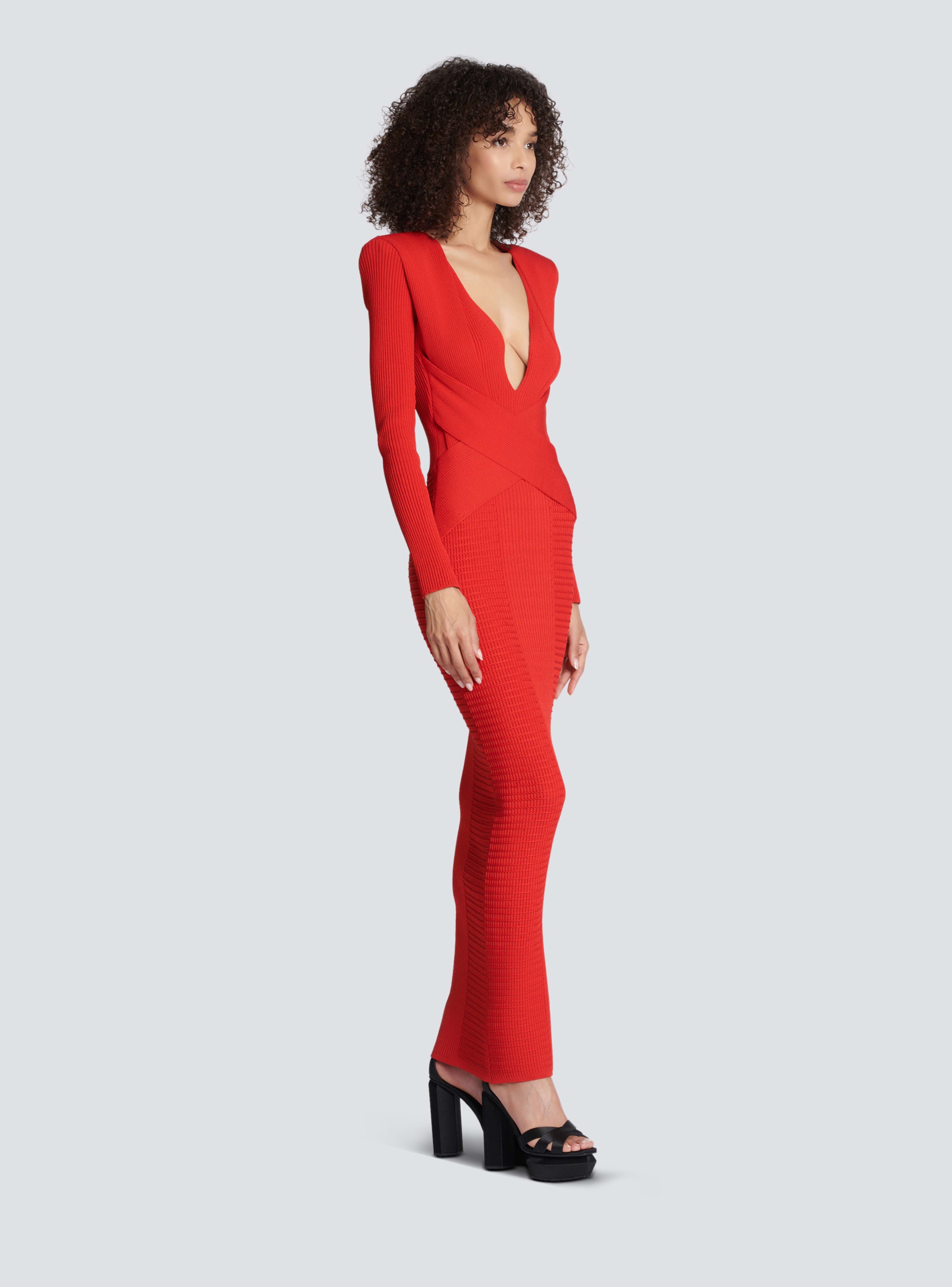 BALMAIN WOMEN'S LS V NECK WAISTED KNIT LONG DRESS NWT