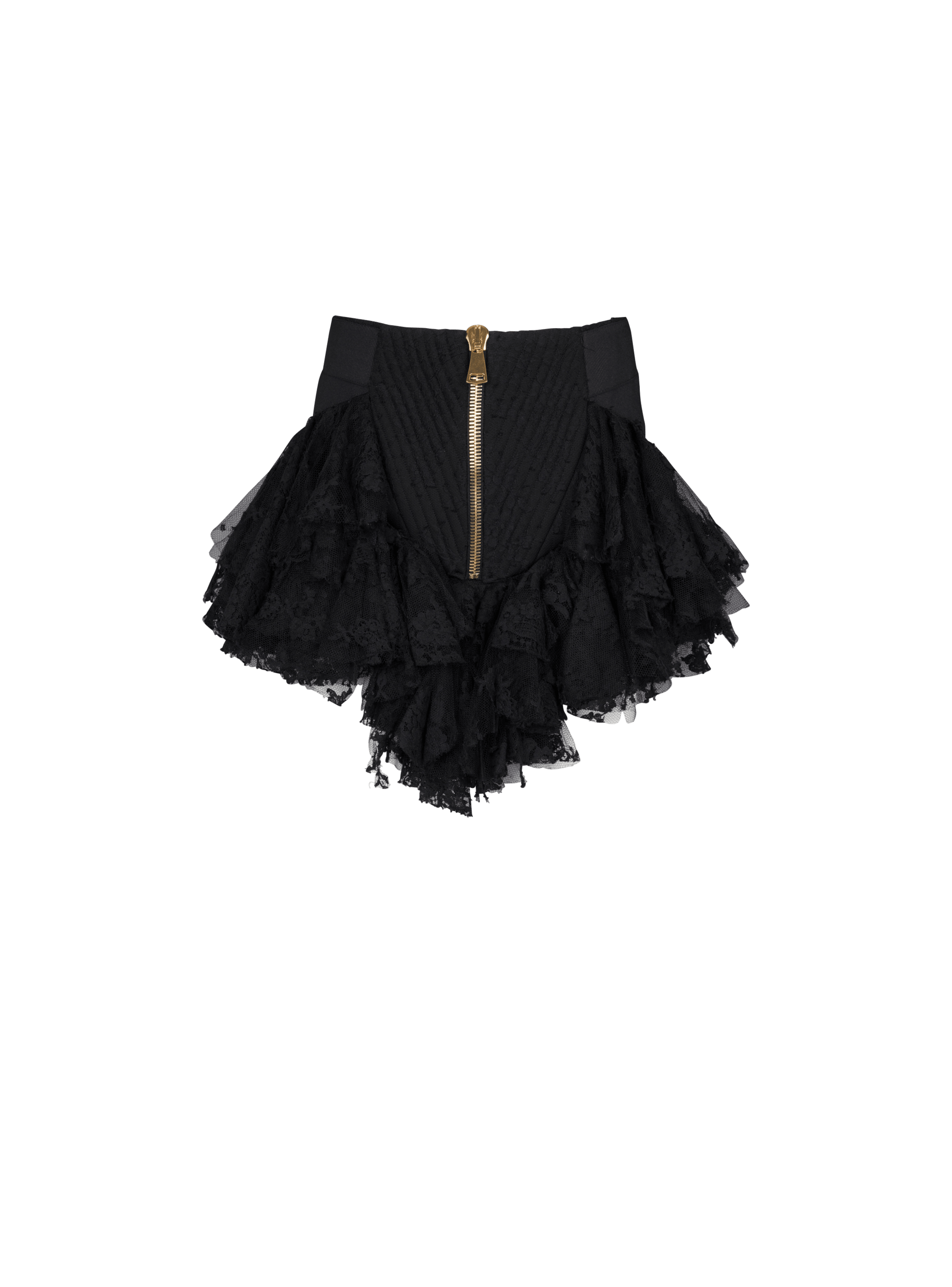 BALMAIN WOMEN'S SHORT ZIPPED SKIRT WITH LACE RUFFLES NWT