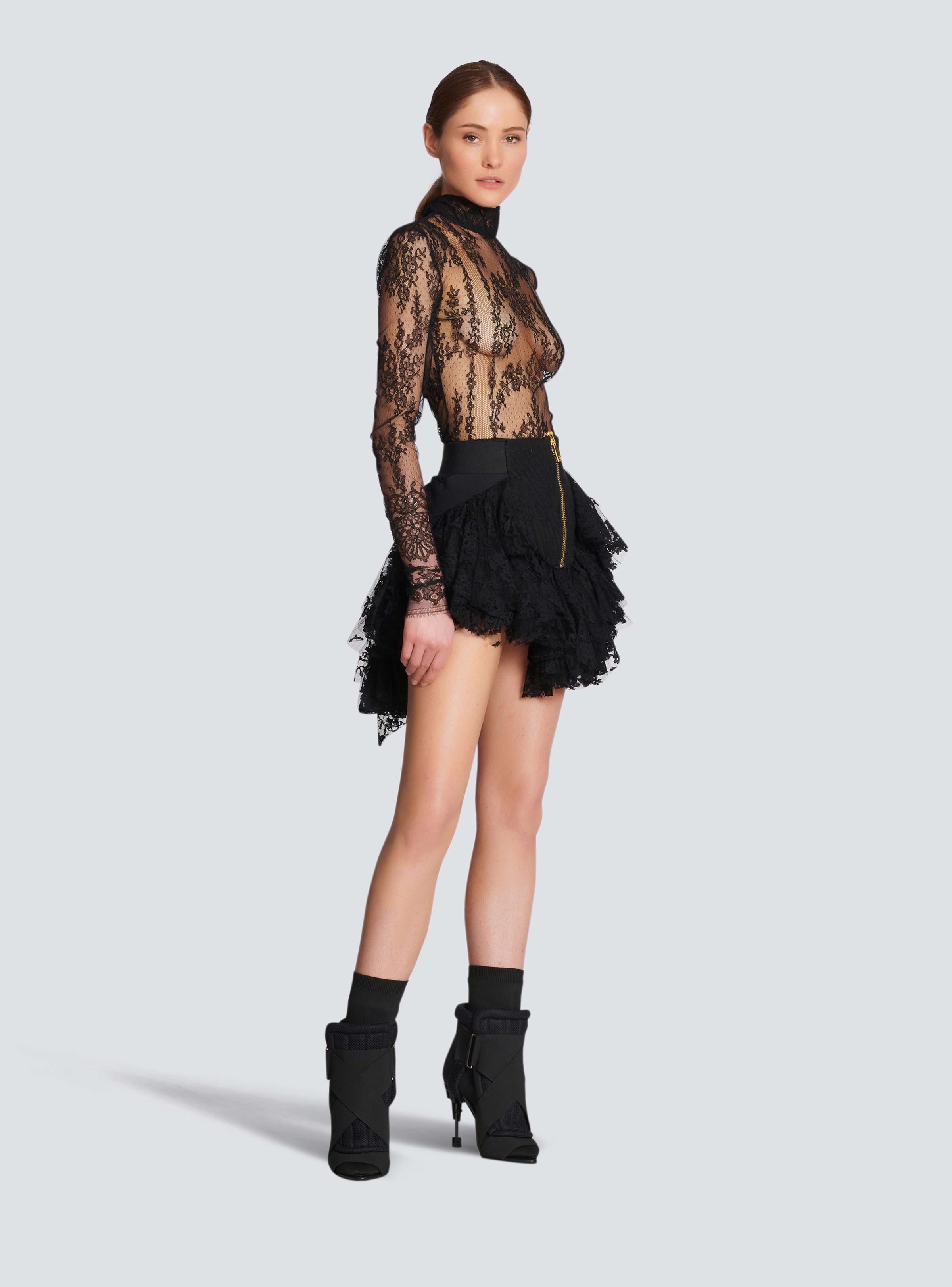 BALMAIN WOMEN'S SHORT ZIPPED SKIRT WITH LACE RUFFLES NWT