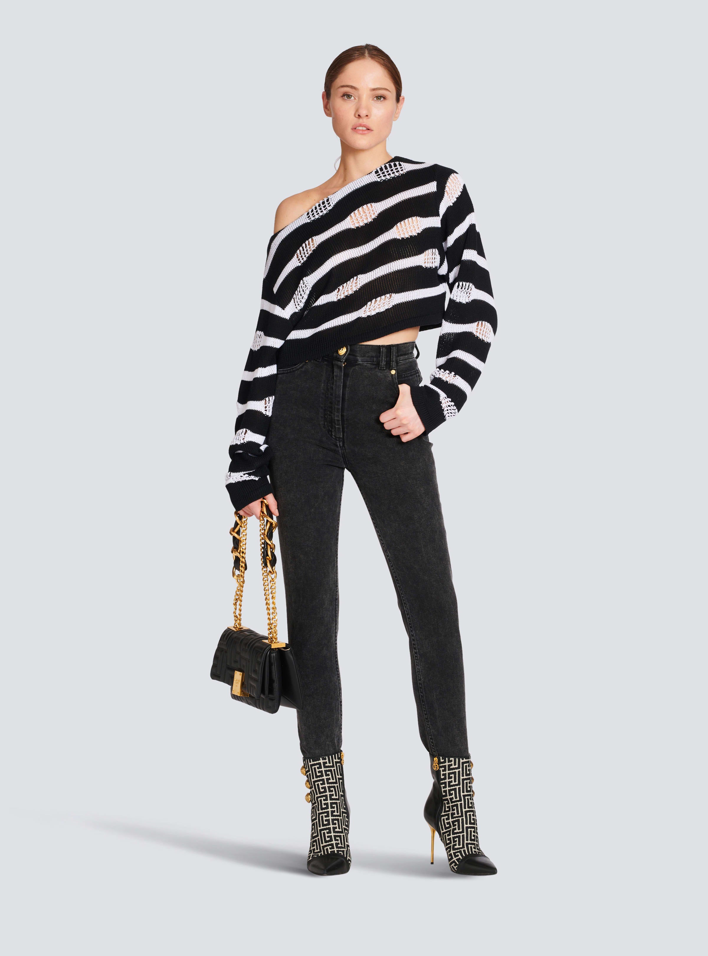 BALMAIN WOMEN'S OFF-SHOULDER DESTROY STRIPED CROP TOP NWT