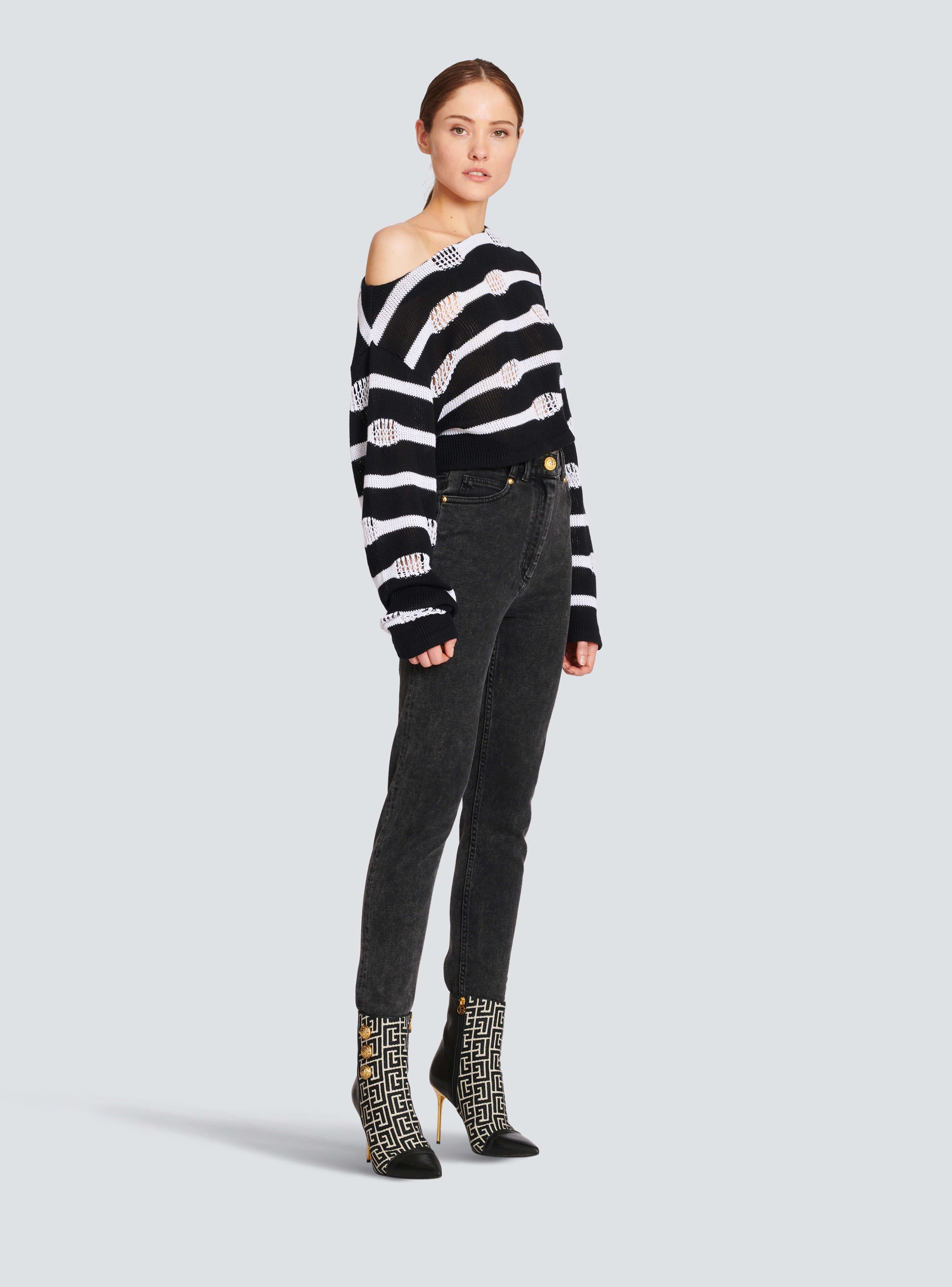 BALMAIN WOMEN'S OFF-SHOULDER DESTROY STRIPED CROP TOP NWT