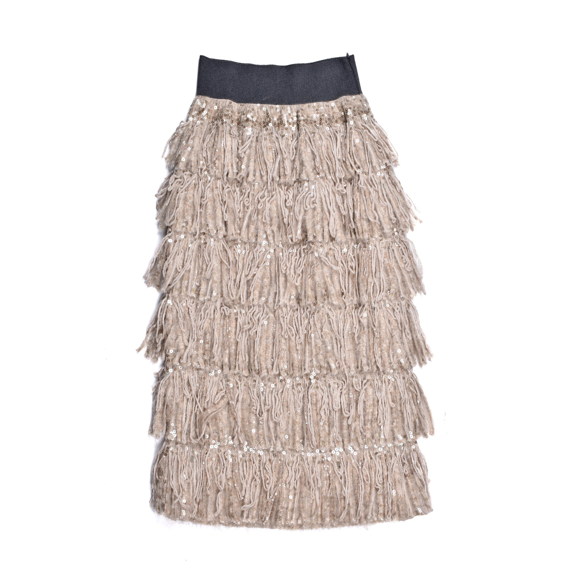 BRUNELLO CUCINELLI WOMEN'S BEIGE WOOL FRINGE SKIRT