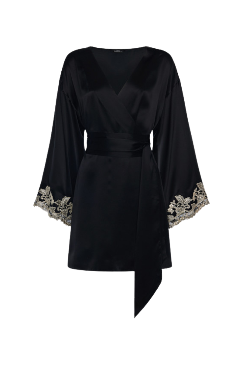 La Perla Maison Black Silk Satin Short Robe with Frastaglio