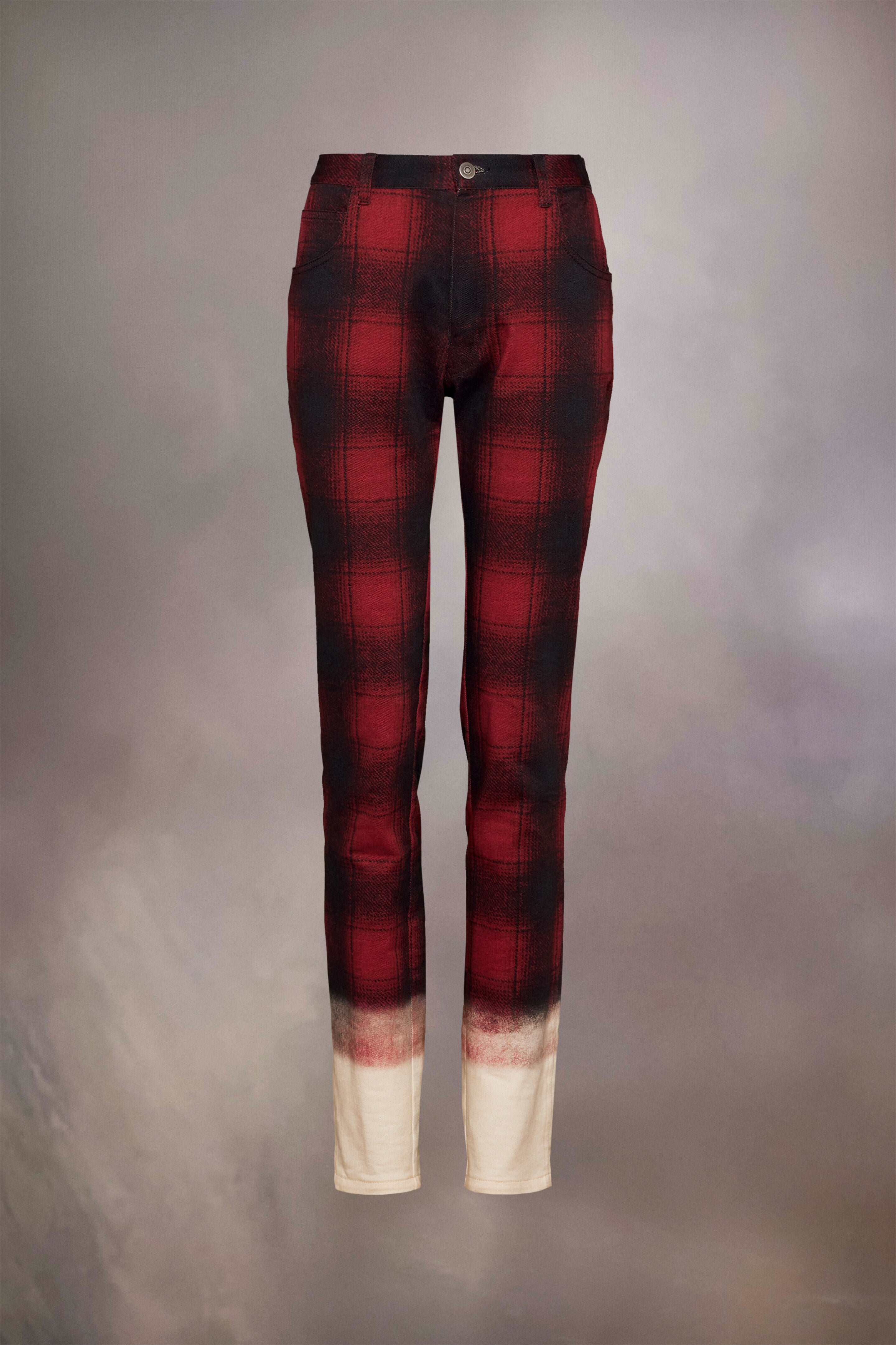 MAISON MARGIELA MEN'S RED BLACK PLAID TROUSERS WITH DIP-DYE HEM
