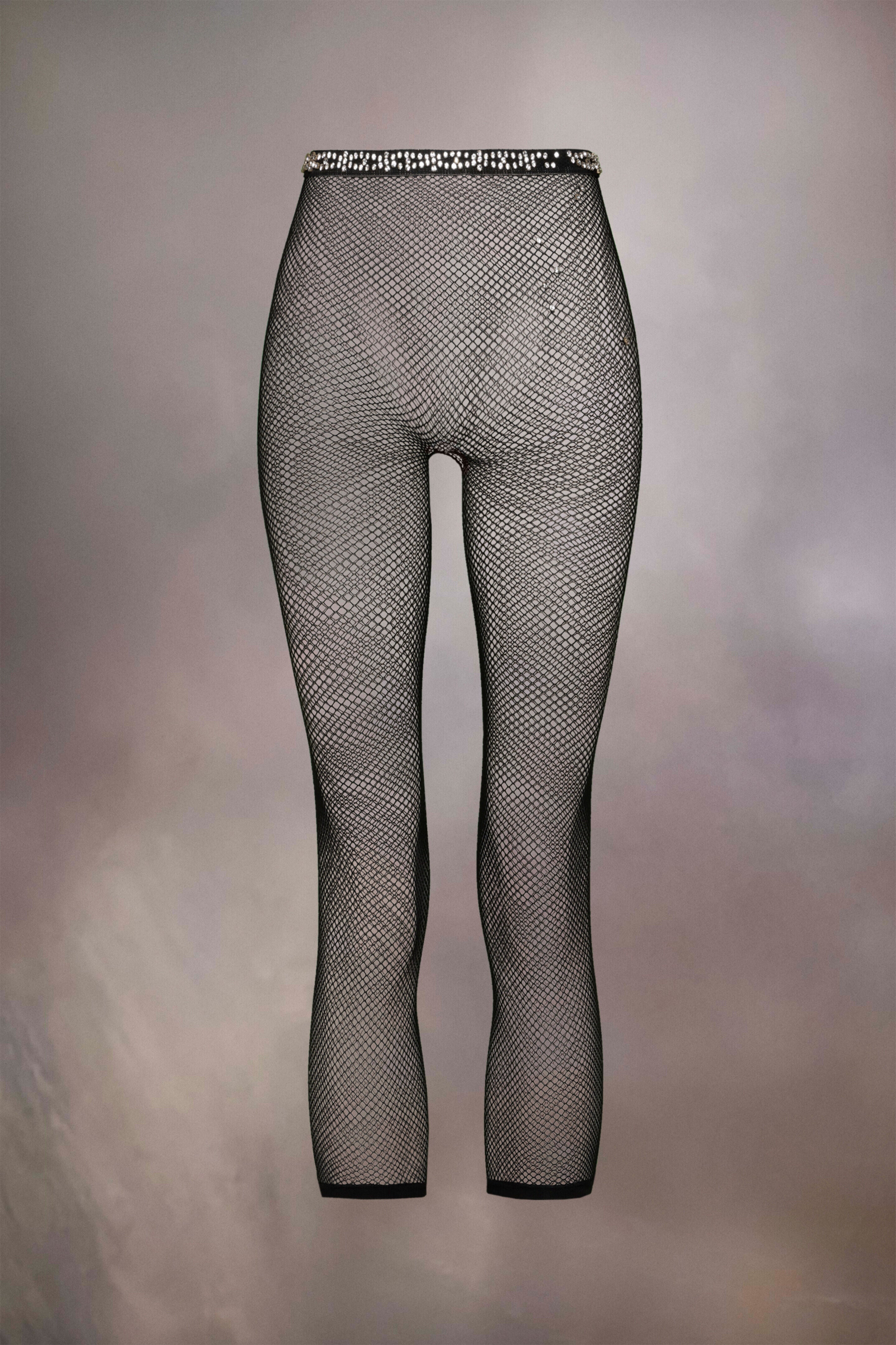 MAISON MARGIELA MEN'S BLACK FISHNET LEGGINGS WITH EMBELLISHMENTS