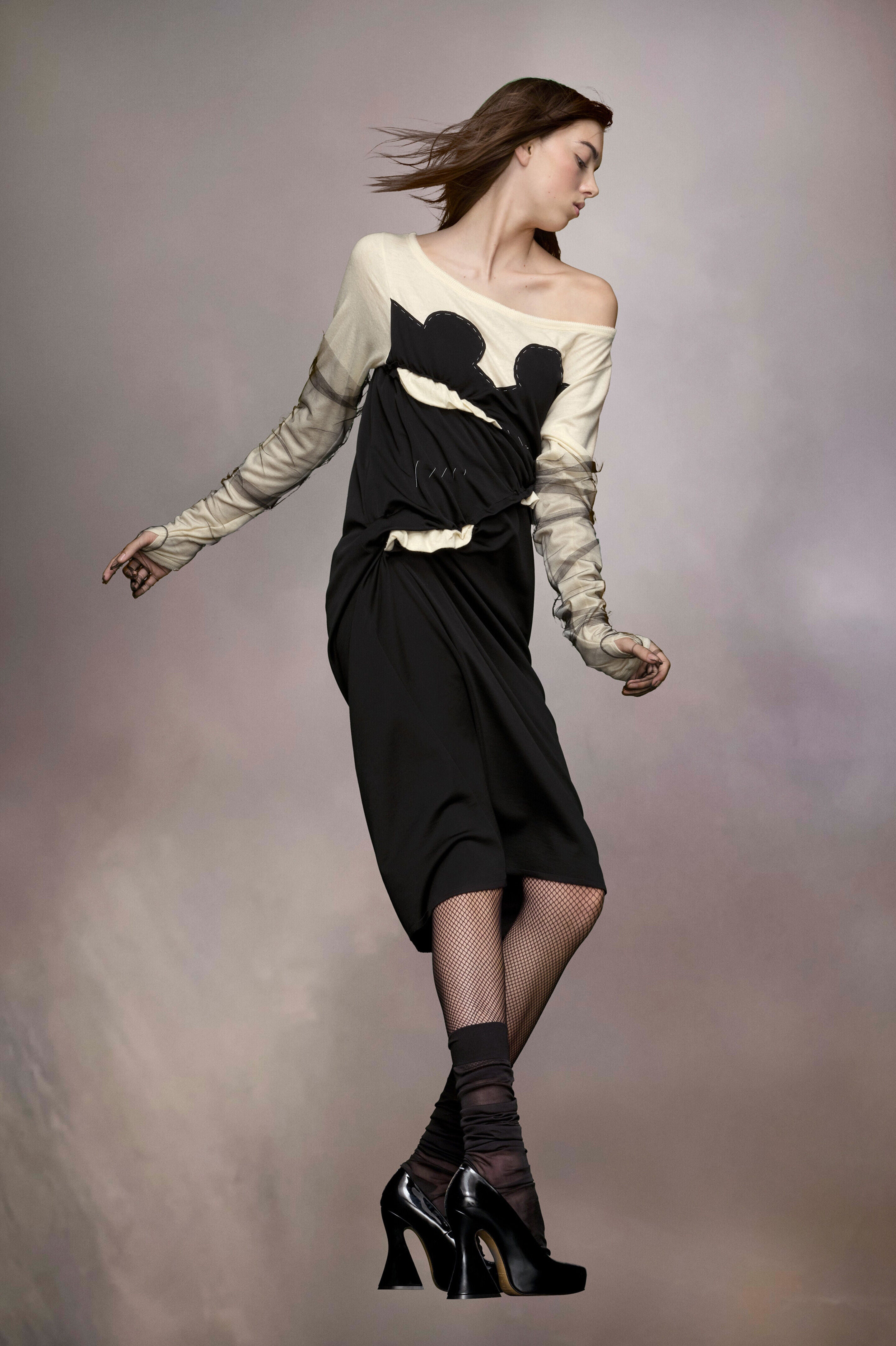 MAISON MARGIELA WOMEN'S BLACK CREAM DRAPED MIDI DRESS
