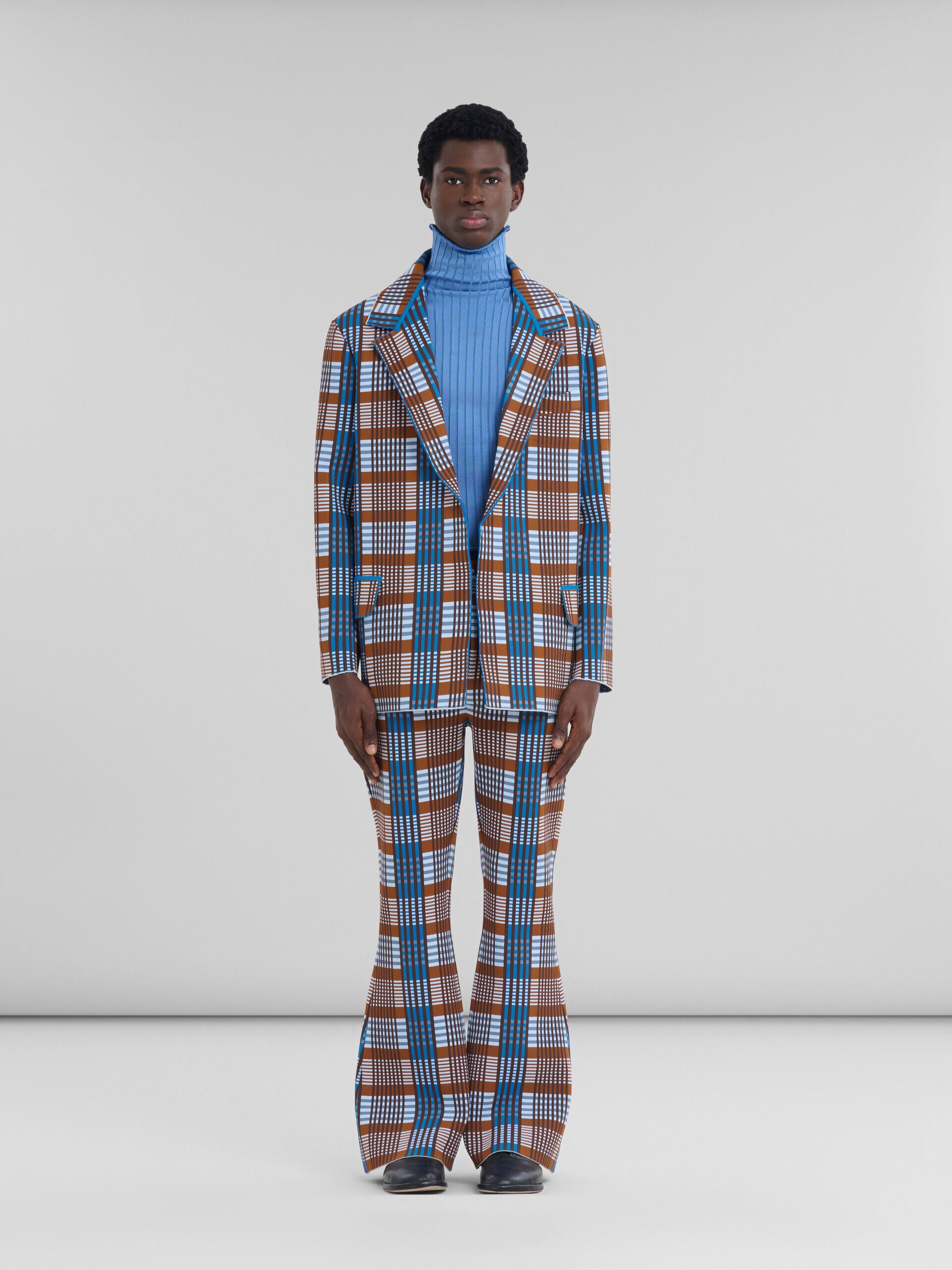 MARNI MEN'S BLUE AND BROWN PLAID BLAZER