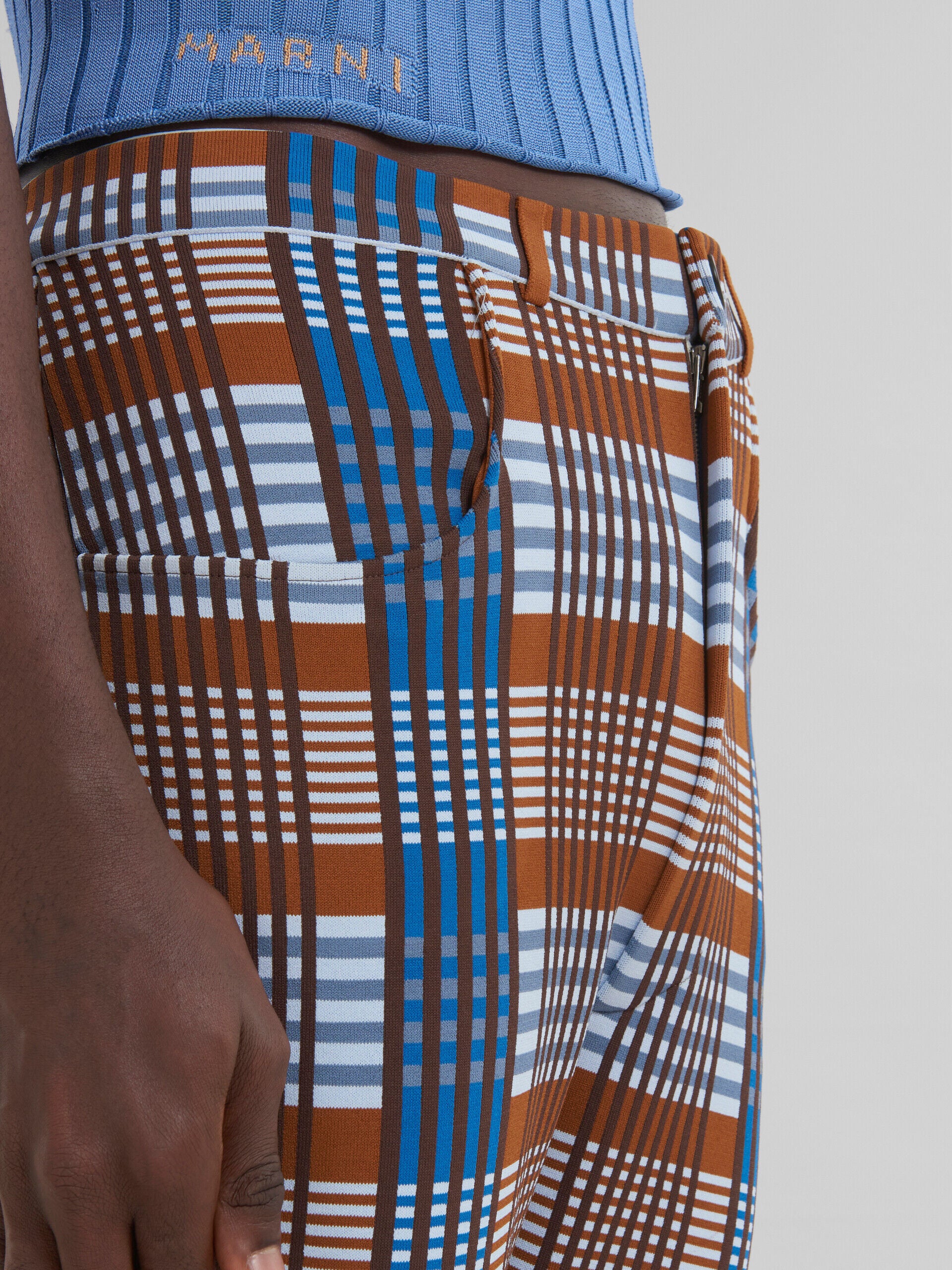MARNI MEN'S BROWN BLUE PLAID FLARED TROUSERS